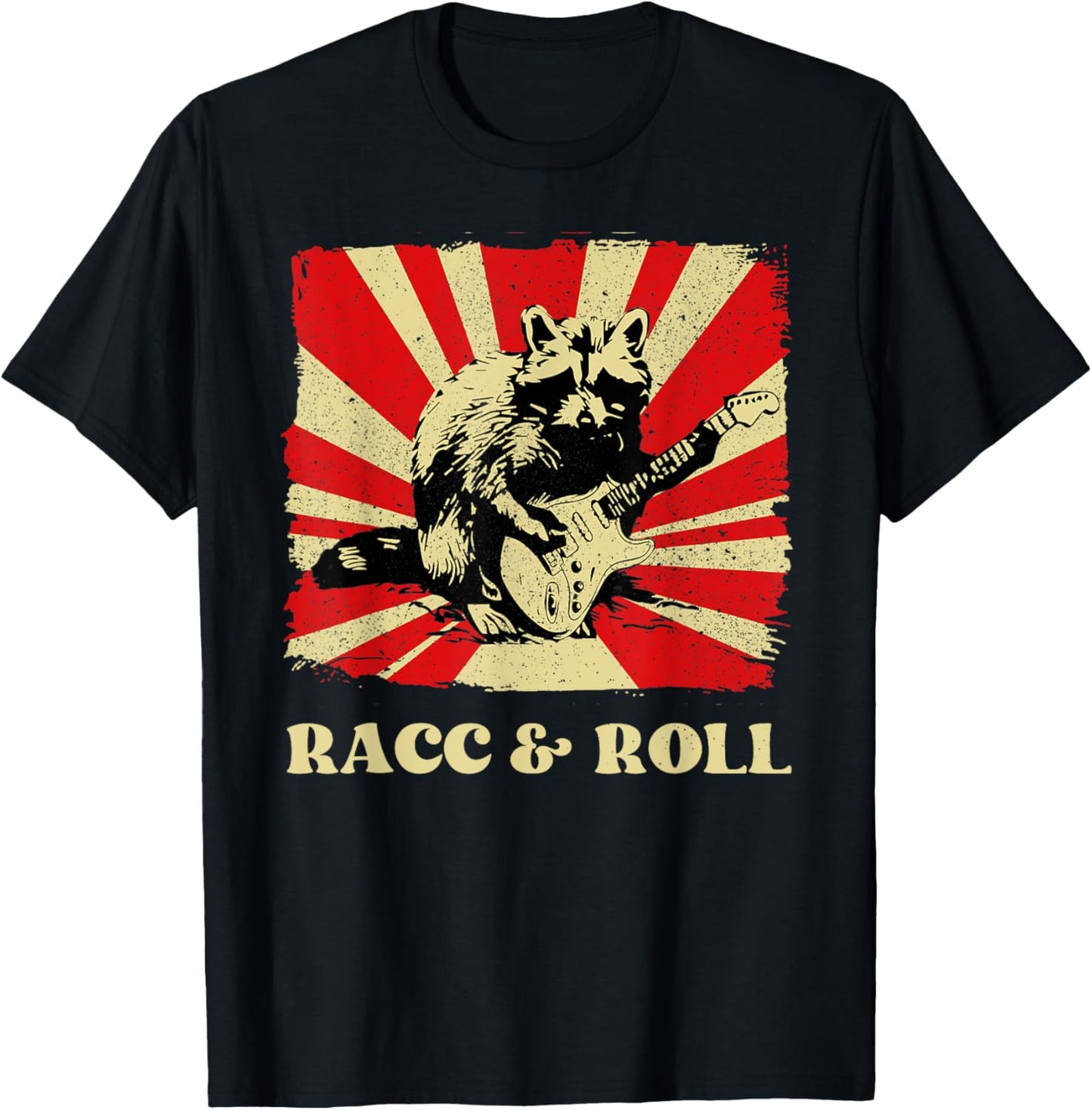 Funny Raccoon Playing Banjo Guitar Racc and Roll Cute Racoon T-Shirt - T-Shirt | Black