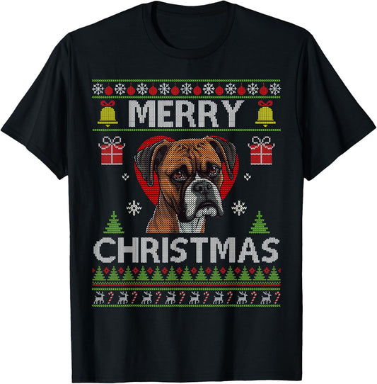 Merry Christmas Boxer Dog Ugly Sweater Funny T-Shirt - T-Shirt | Black