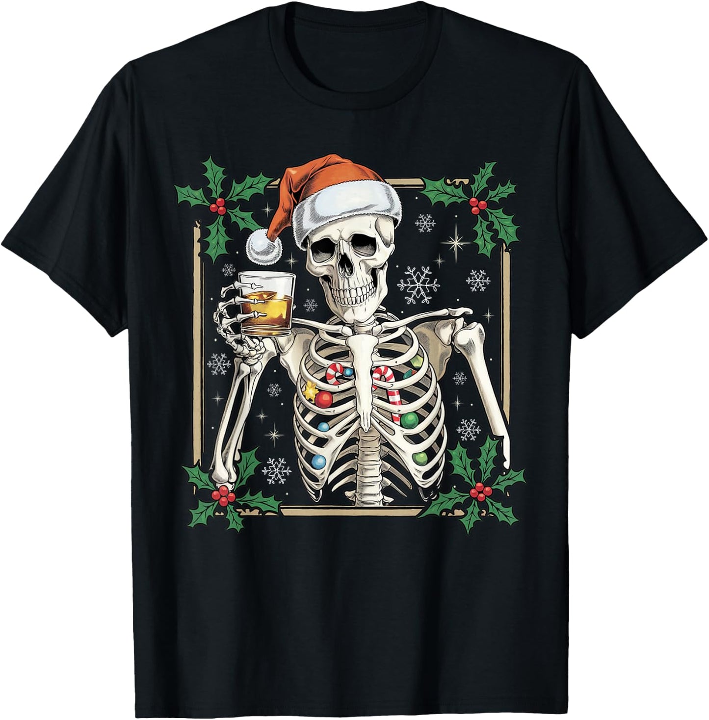 Funny Skeleton Santa Hat Drinking Bourbon Whiskey Christmas T-Shirt - T-Shirt | Black