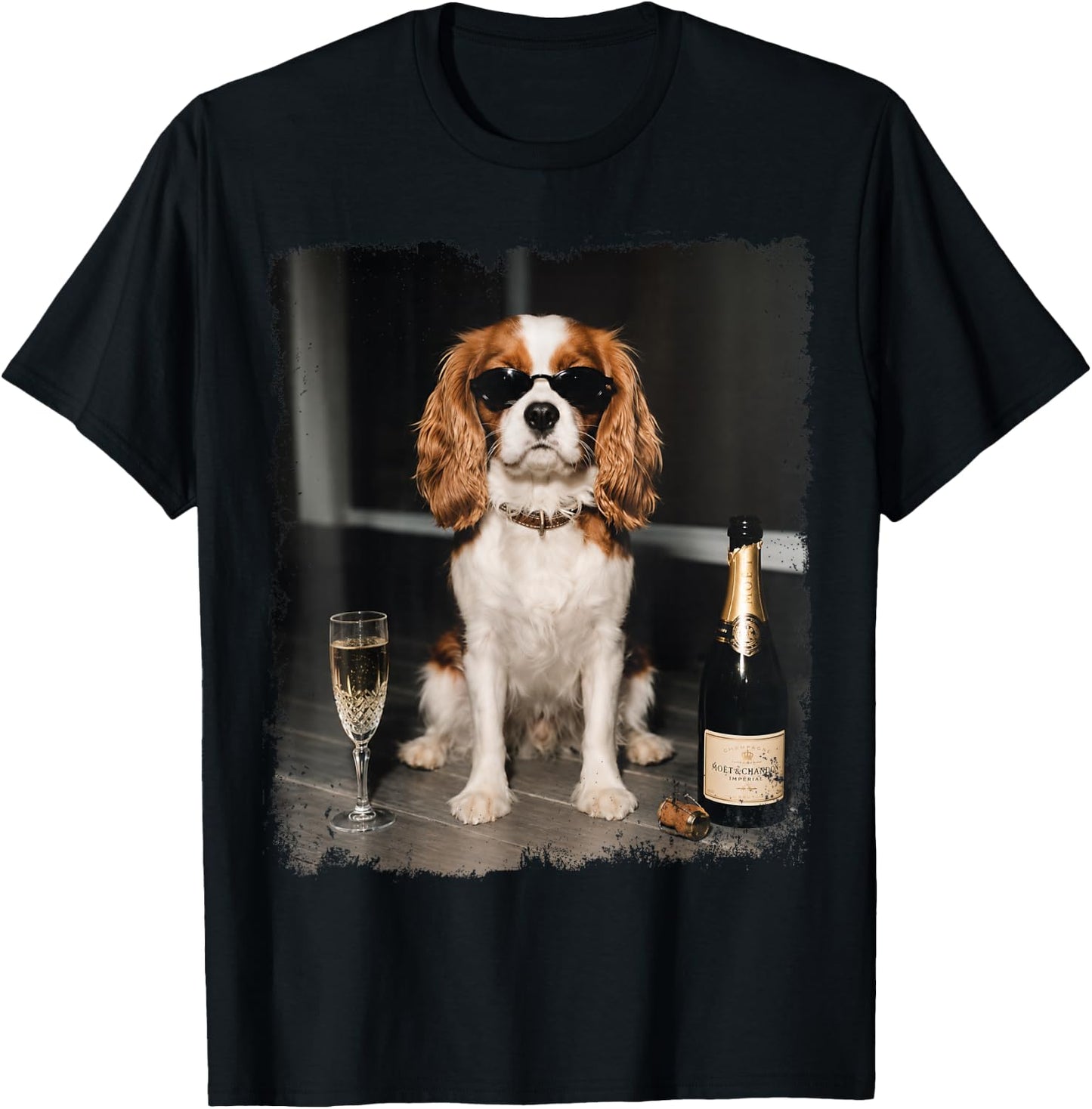 Funny Dog Meme Cavalier King Charles Drinking Champagne T-Shirt - T-Shirt | Black