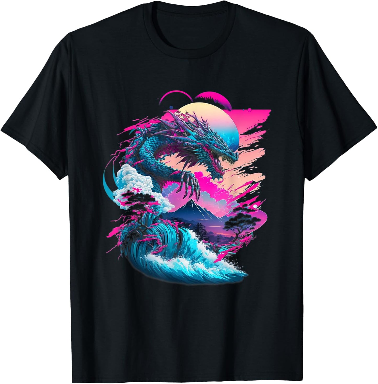 Dragon Vaporwave Abstract Landscape Moon Tree Waterfall T-Shirt - T-Shirt | Black