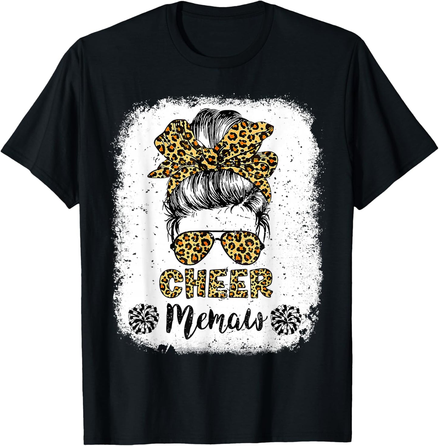 Cheer Memaw Leopard Messy Bun Cheerleader Bleached T-Shirt - T-Shirt | Black