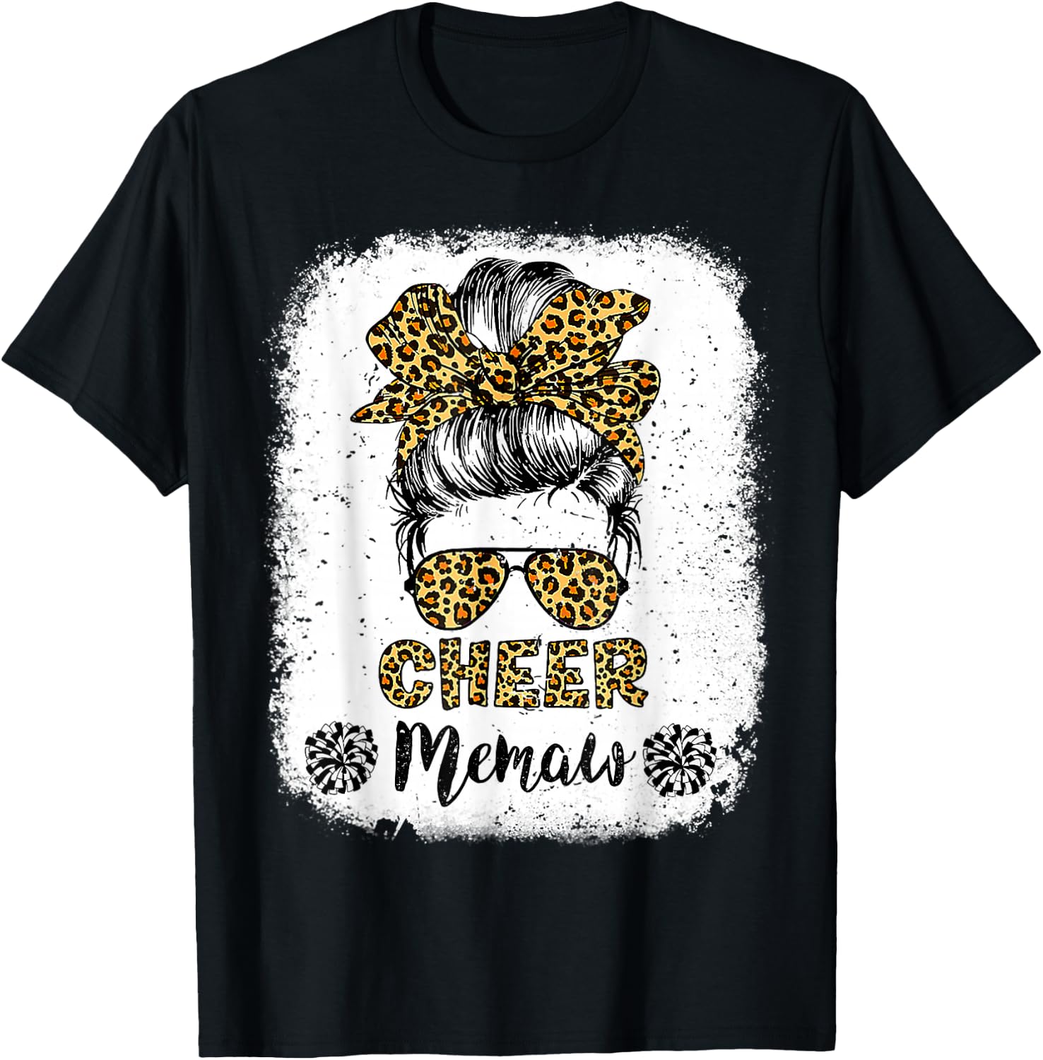 Cheer Memaw Leopard Messy Bun Cheerleader Bleached T-Shirt - T-Shirt | Black