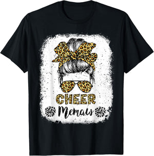 Cheer Memaw Leopard Messy Bun Cheerleader Bleached T-Shirt - T-Shirt | Black
