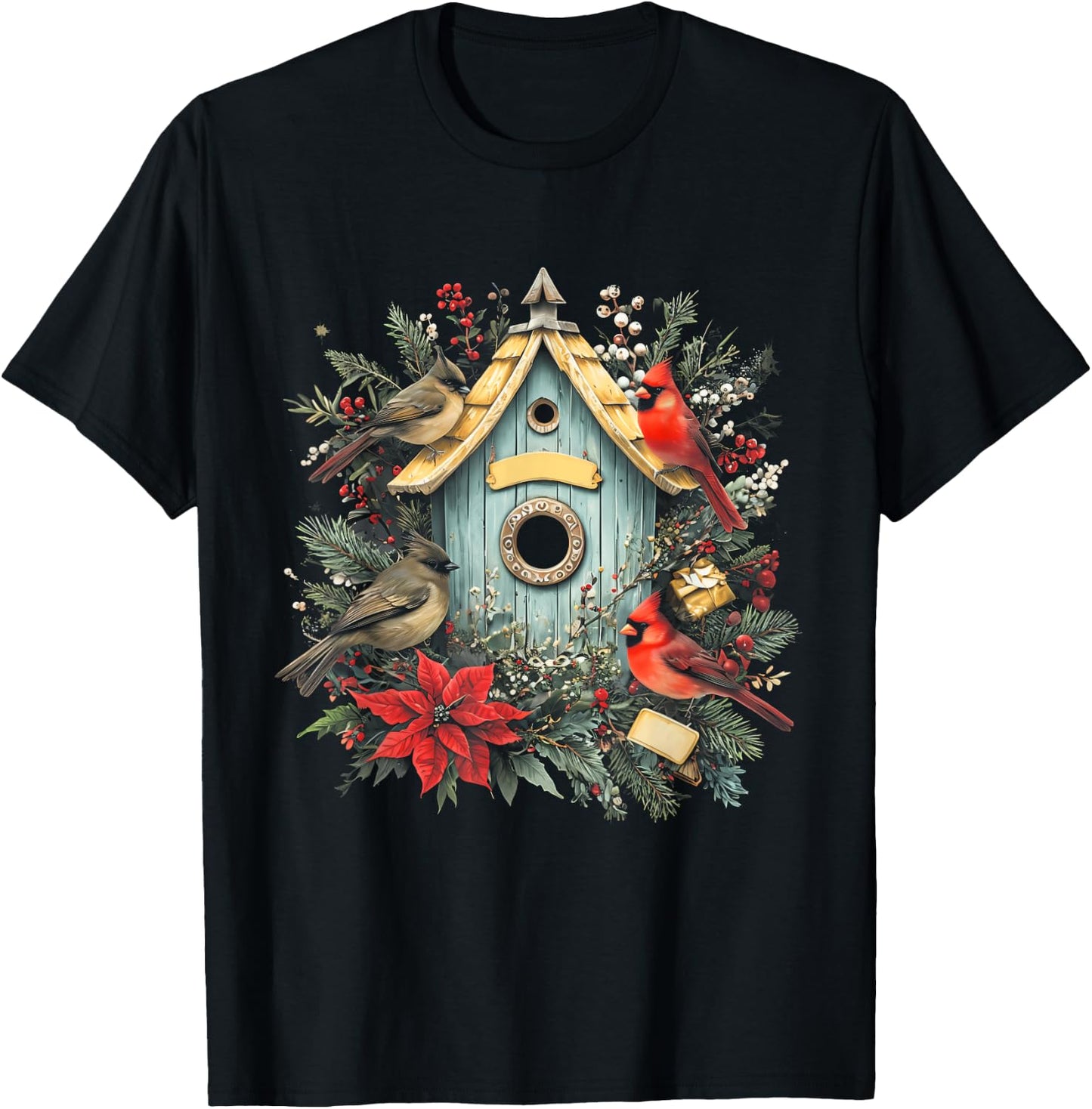 Birdhouse Cardinal Winter Birds Lover Christmas Birdwatcher T-Shirt - T-Shirt | Black