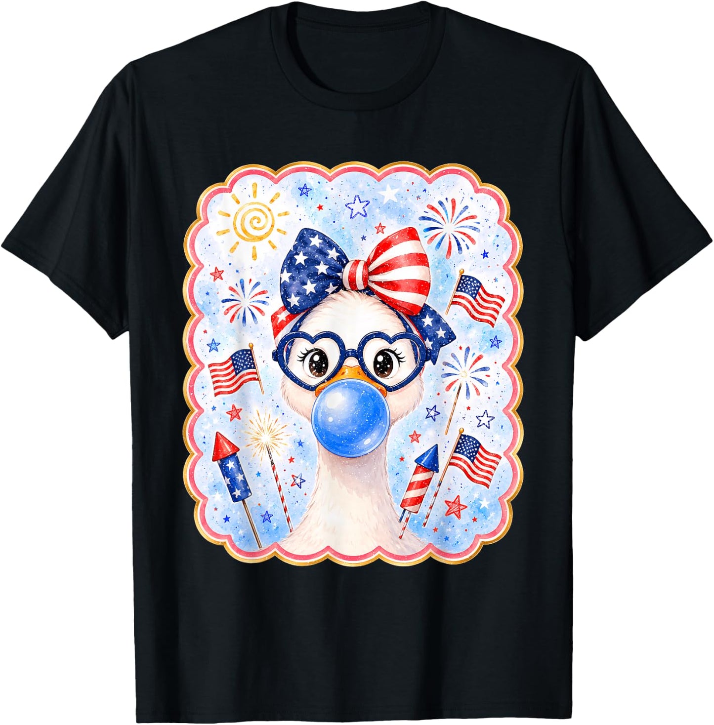 Cute Goose Bubble Gum Bow USA America Flag 4th of July Girl T-Shirt - T-Shirt | Black