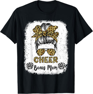 Cheer Bonus Mom Leopard Messy Bun Cheerleader Bleached T-Shirt - T-Shirt | Black