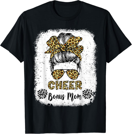 Cheer Bonus Mom Leopard Messy Bun Cheerleader Bleached T-Shirt - T-Shirt | Black