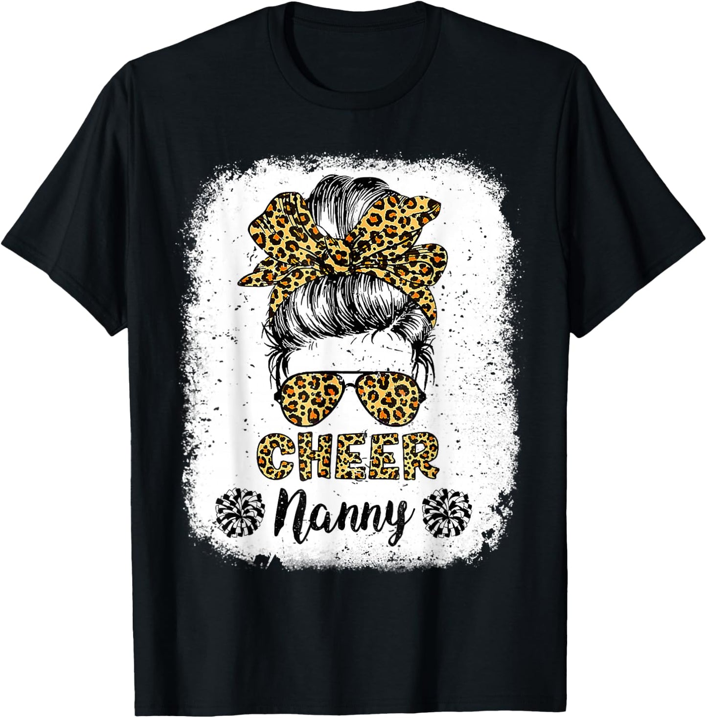 Cheer Nanny Leopard Messy Bun Cheerleader Bleached T-Shirt - T-Shirt | Black
