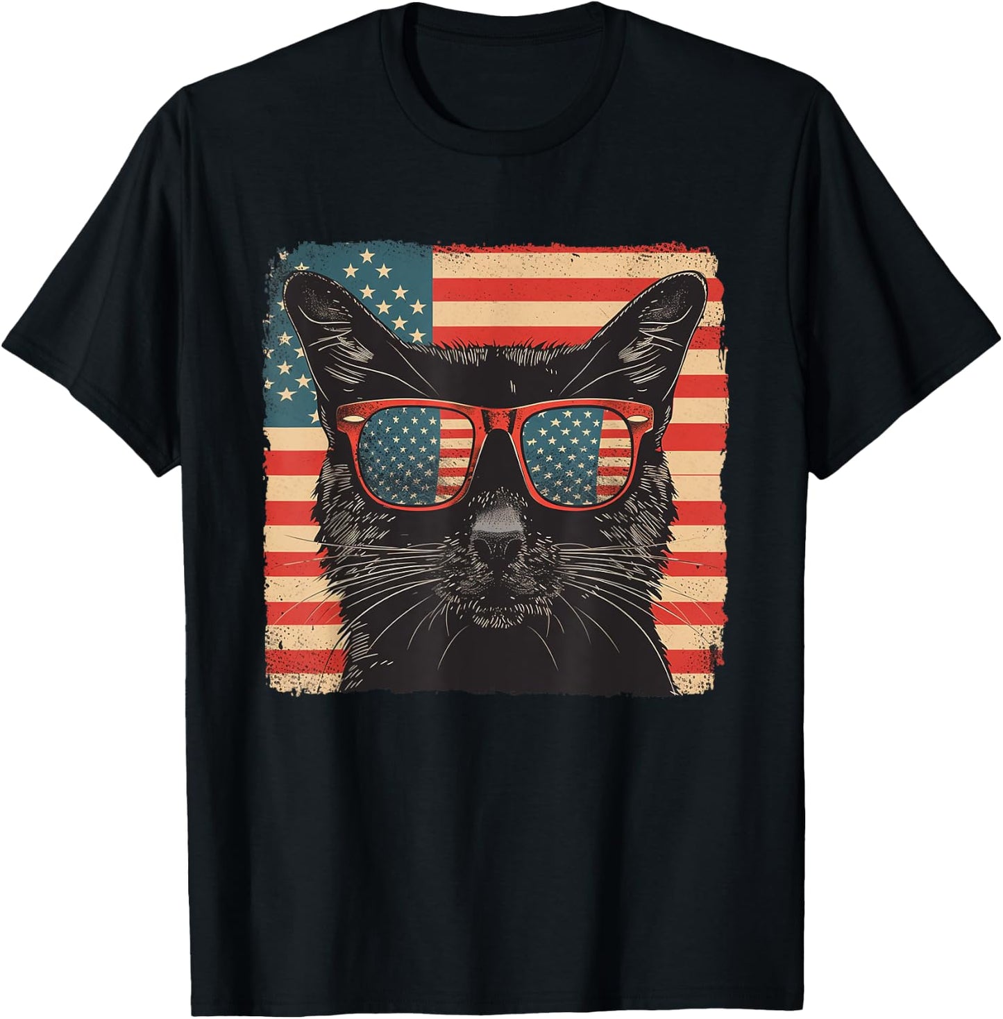 Black cat America Flag Fourth of July Lovers T-Shirt - T-Shirt | Black