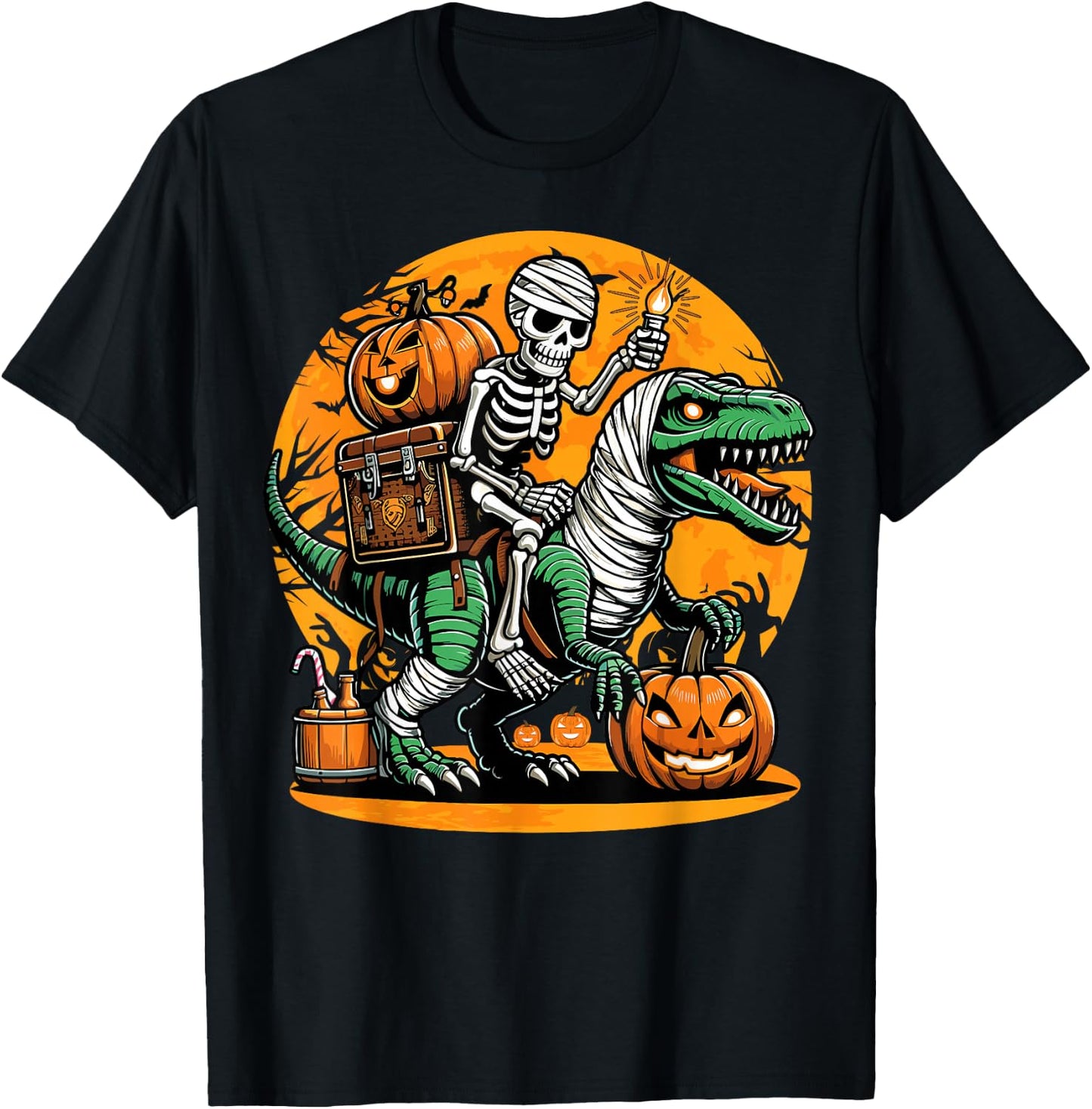 Skeleton Riding Mummy Dinosaur Pumpkin Spooky Trex Halloween T-Shirt - T-Shirt | Black