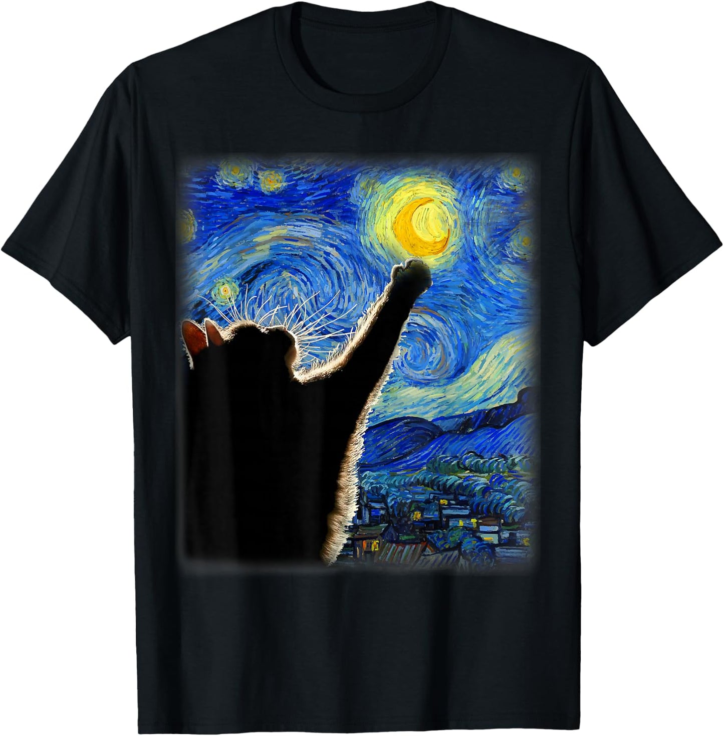 Starry Night Cat, Van Gogh Cat, Cat Lover, Cat Mom, Cat Dad , black T-Shirt - T-Shirt | Black