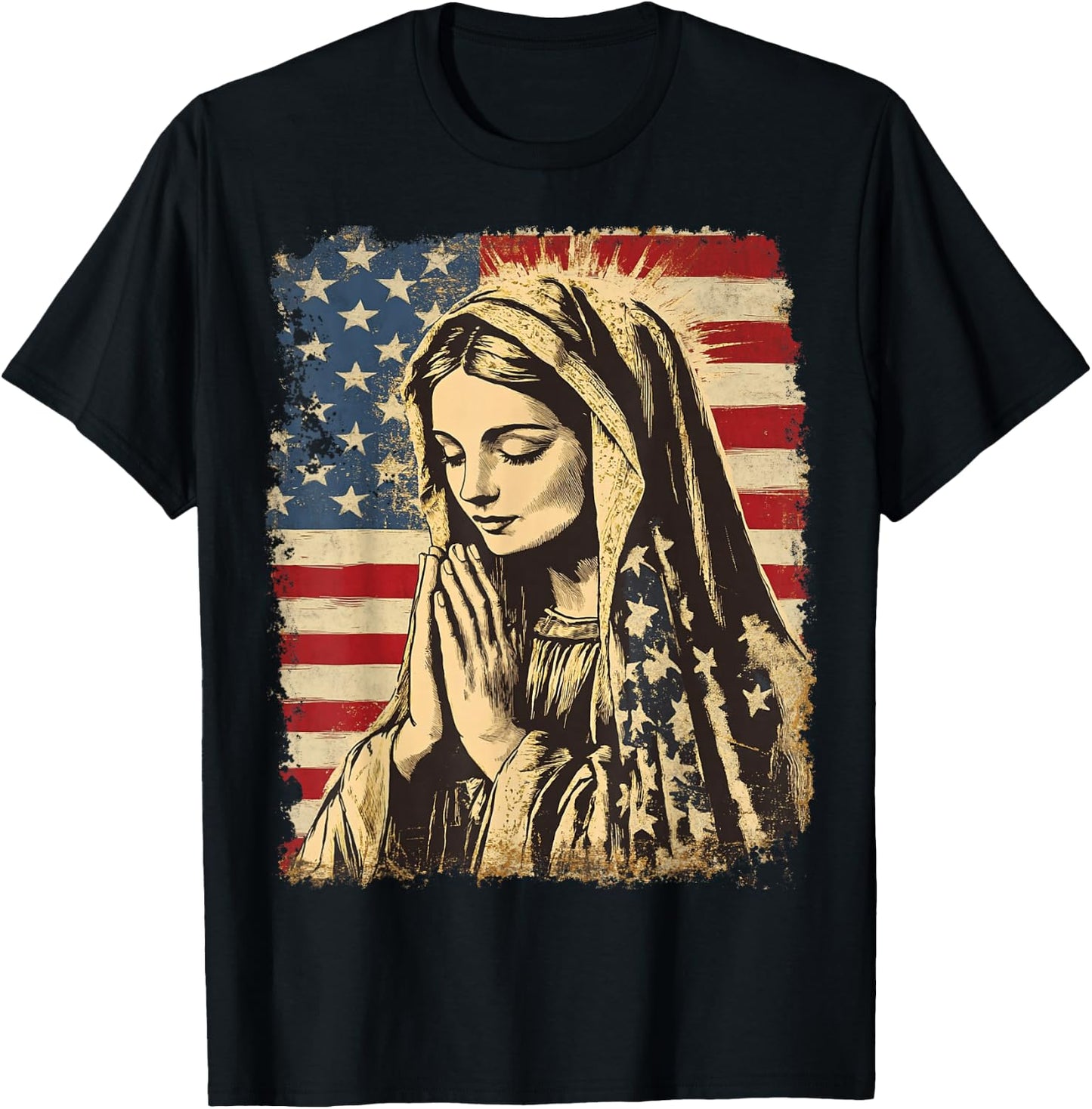 USA American US Flag The Virgin Mary Prayer Theology T-Shirt - T-Shirt | Black