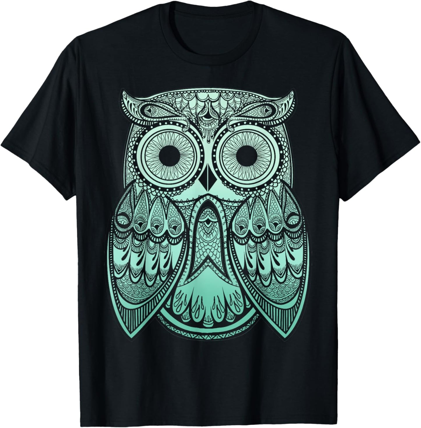Teal Gradient Paisley Henna Owl Bohemian T-Shirt - T-Shirt | Black
