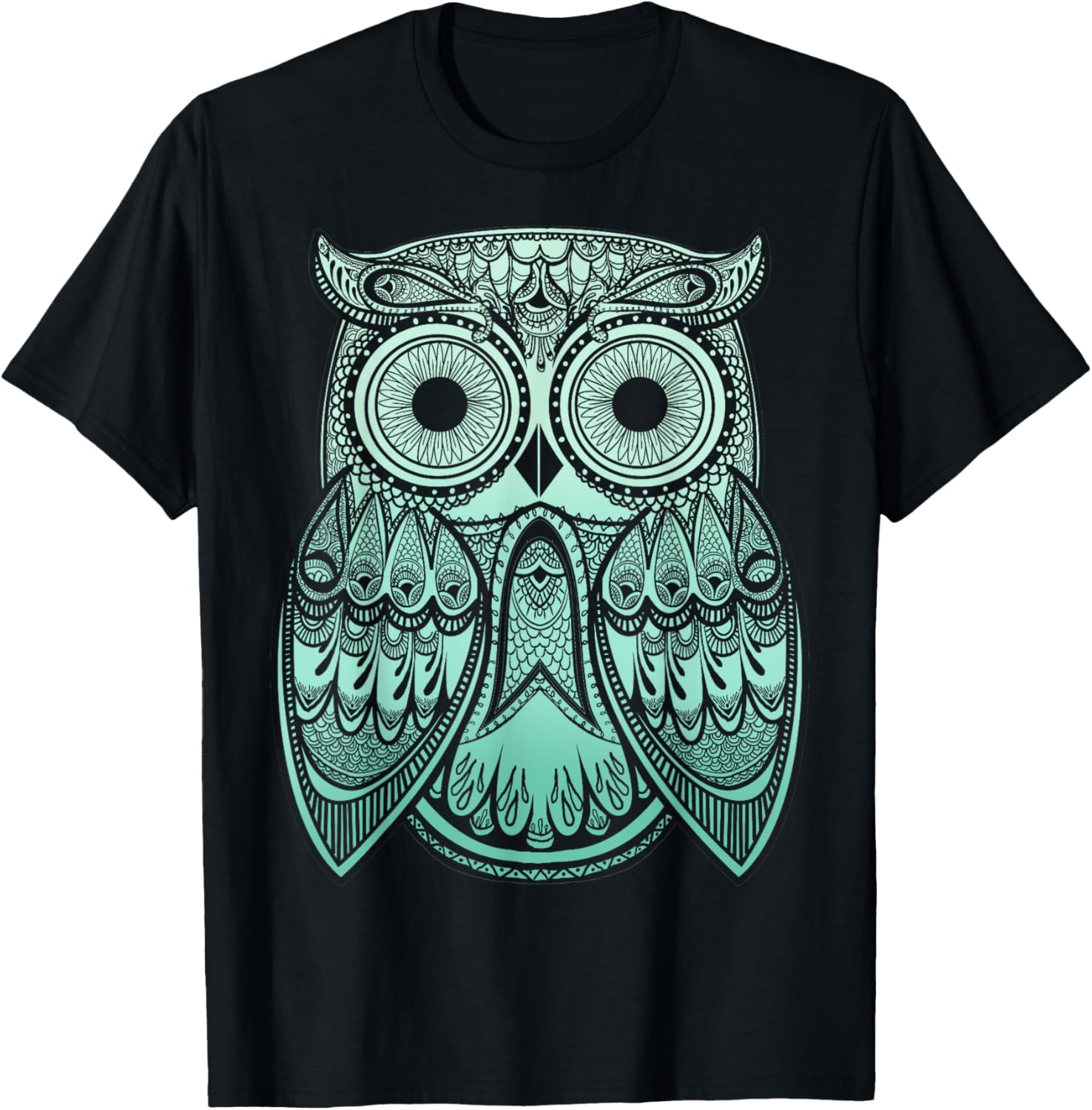 Teal Gradient Paisley Henna Owl Bohemian T-Shirt - T-Shirt | Black