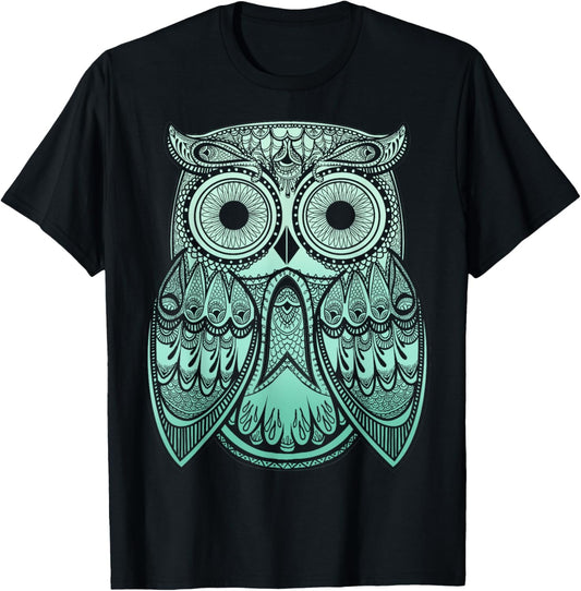 Teal Gradient Paisley Henna Owl Bohemian T-Shirt - T-Shirt | Black