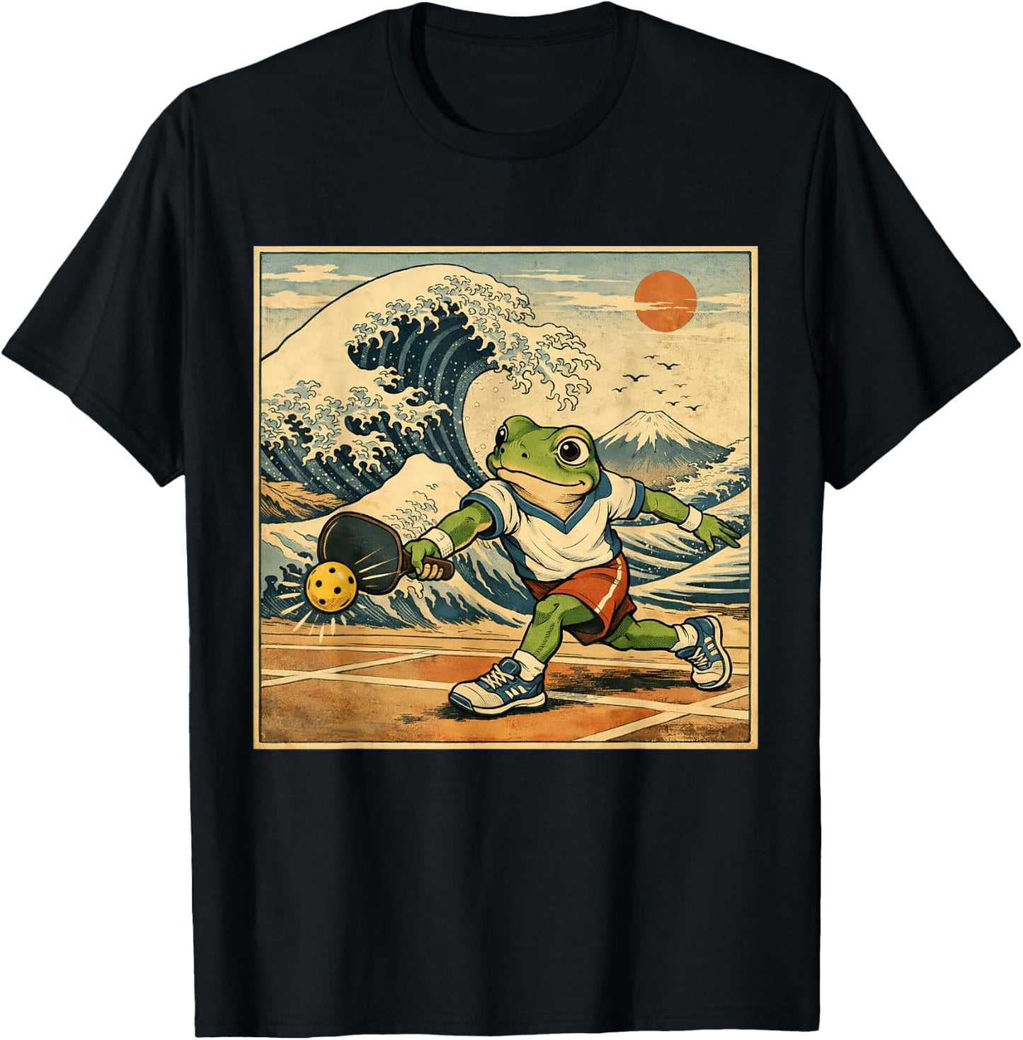 Japanese Traditional Retro Waves Mountain Pickleball Frog T-Shirt - T-Shirt | Black