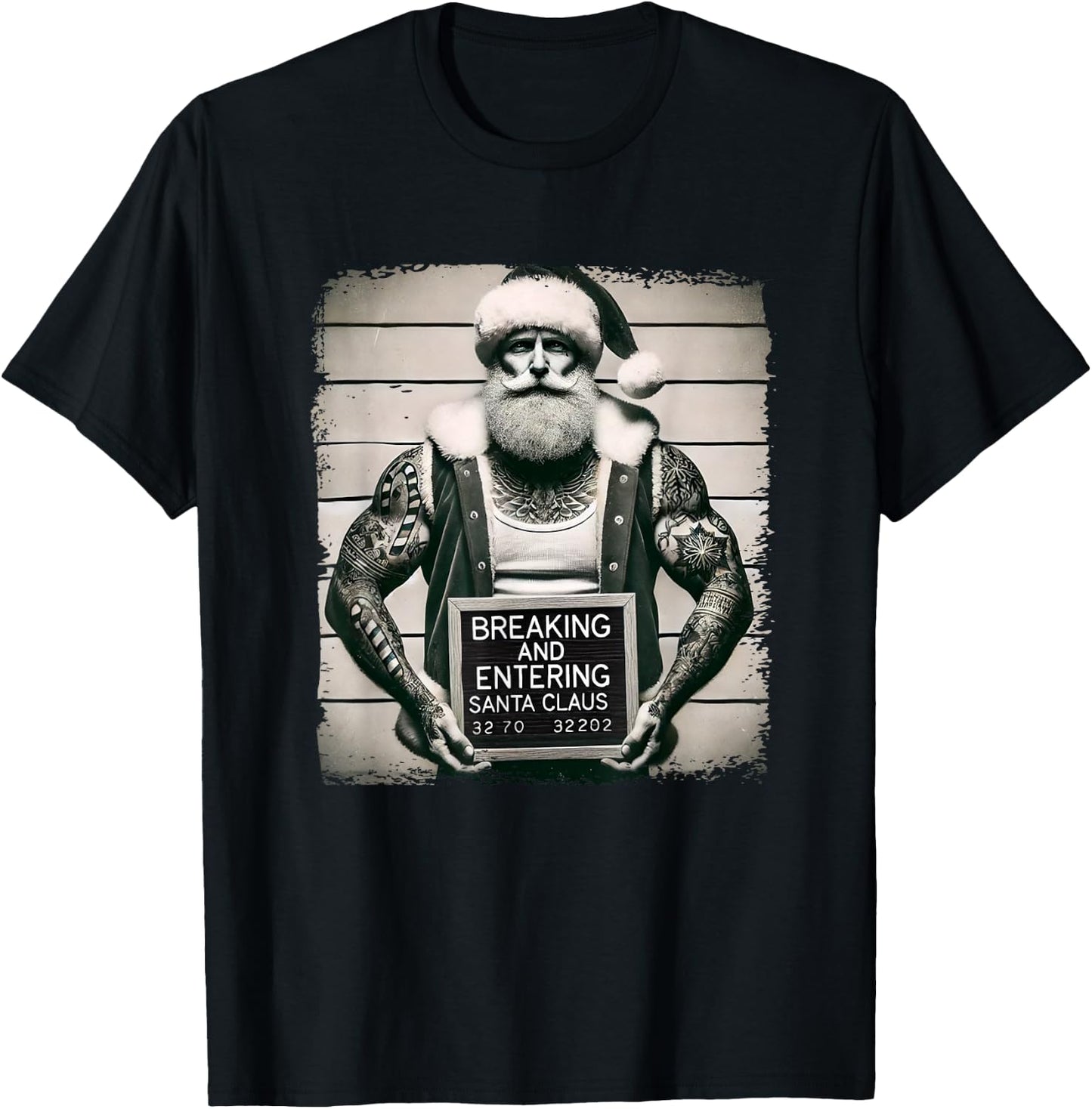 Tattoo Santa Mugshot Tattoos Christmas Santa Xmas T-Shirt - T-Shirt | Black