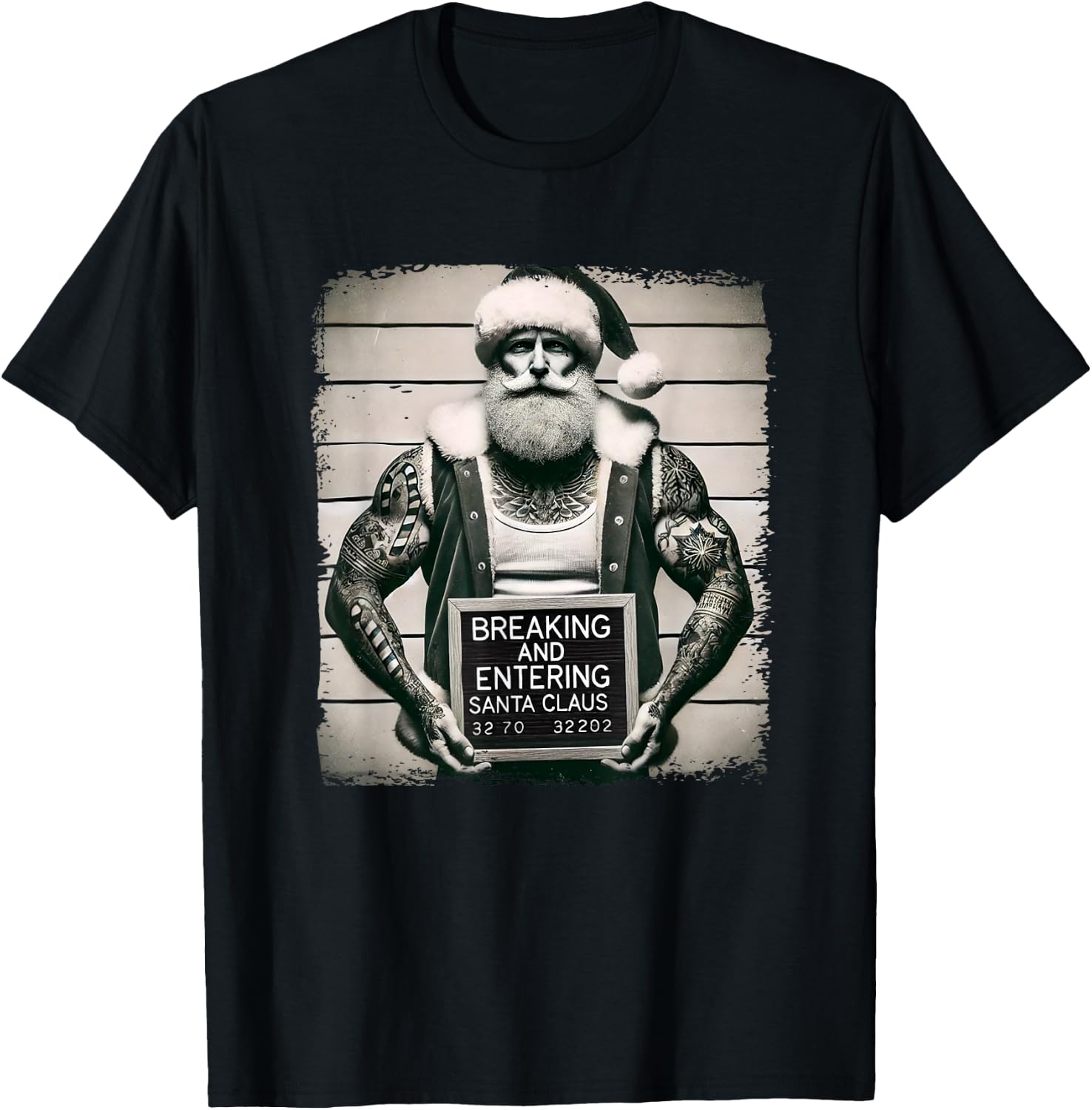 Tattoo Santa Mugshot Tattoos Christmas Santa Xmas T-Shirt - T-Shirt | Black