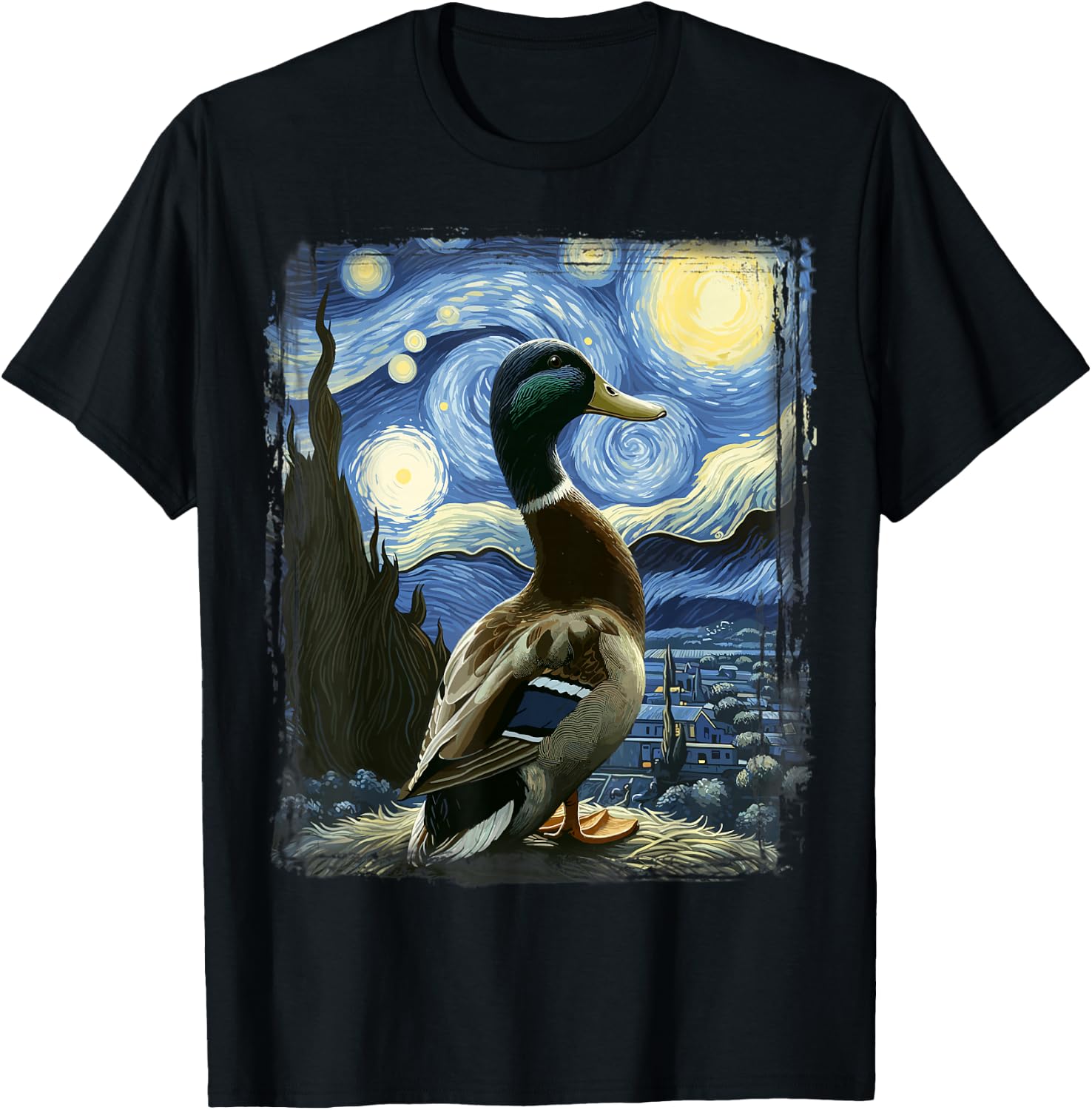 Duck Star Gazer - Artistic Van Gogh Style Starry Night Duck T-Shirt - T-Shirt | Black