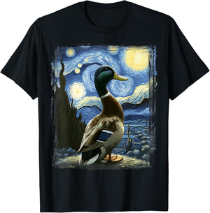 Duck Star Gazer - Artistic Van Gogh Style Starry Night Duck T-Shirt - T-Shirt | Black