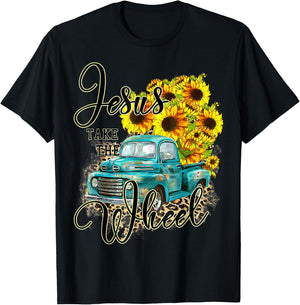 Sunflower Jesus Take The Wheel Christian Gift Leopard Print T-Shirt - T-Shirt | Black