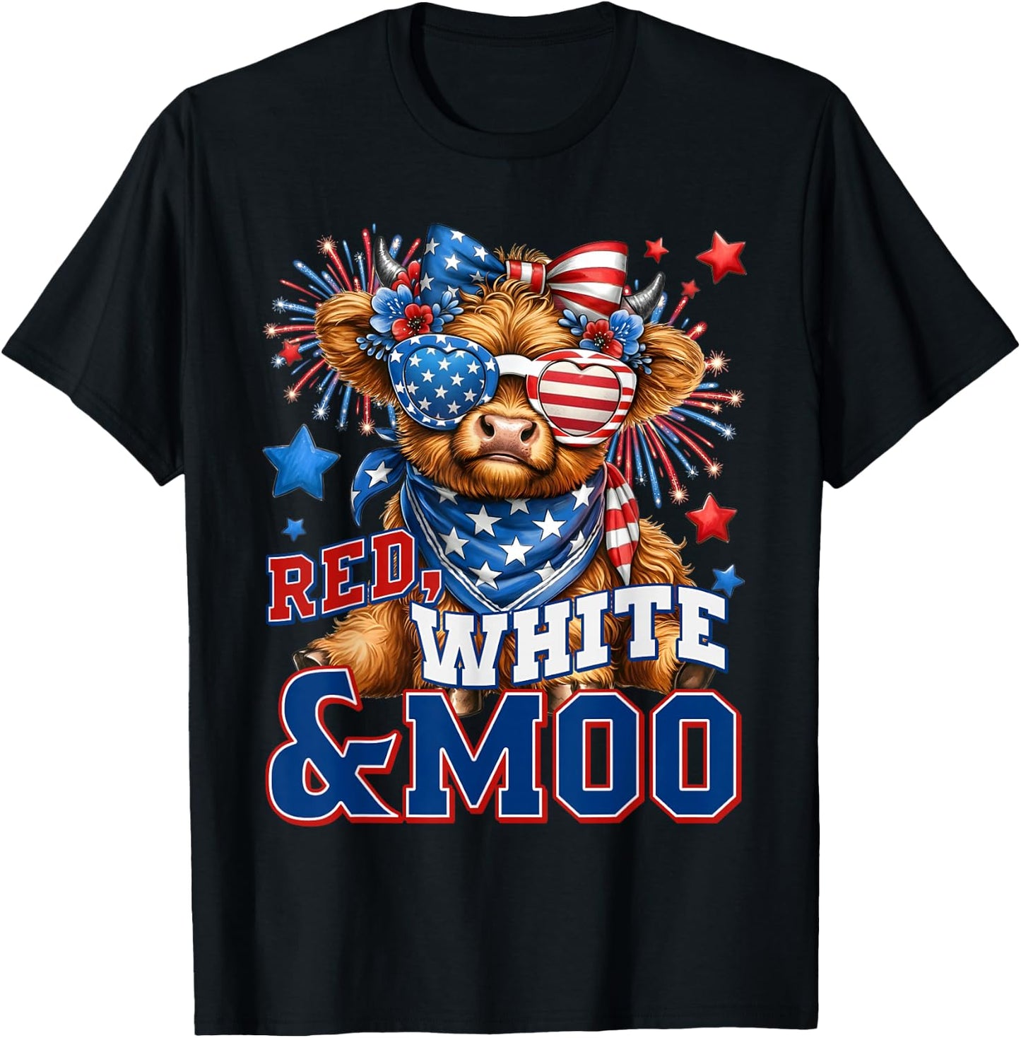 Red White and Moo Cute Highland Cow 4th of July Farmer T-Shirt - T-Shirt | Black