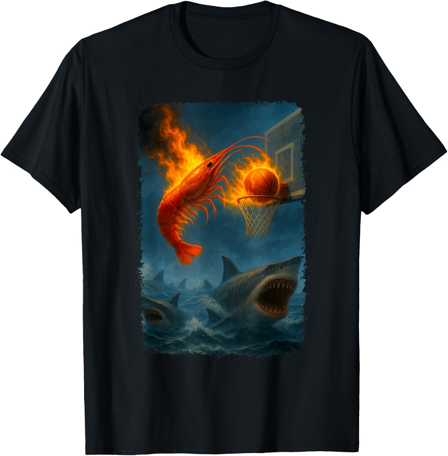 Funny Flaming Shrimp Slam Dunking Over Some Sharks Meme T-Shirt - T-Shirt | Black