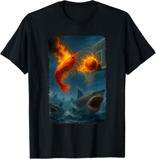 Funny Flaming Shrimp Slam Dunking Over Some Sharks Meme T-Shirt - T-Shirt | Black