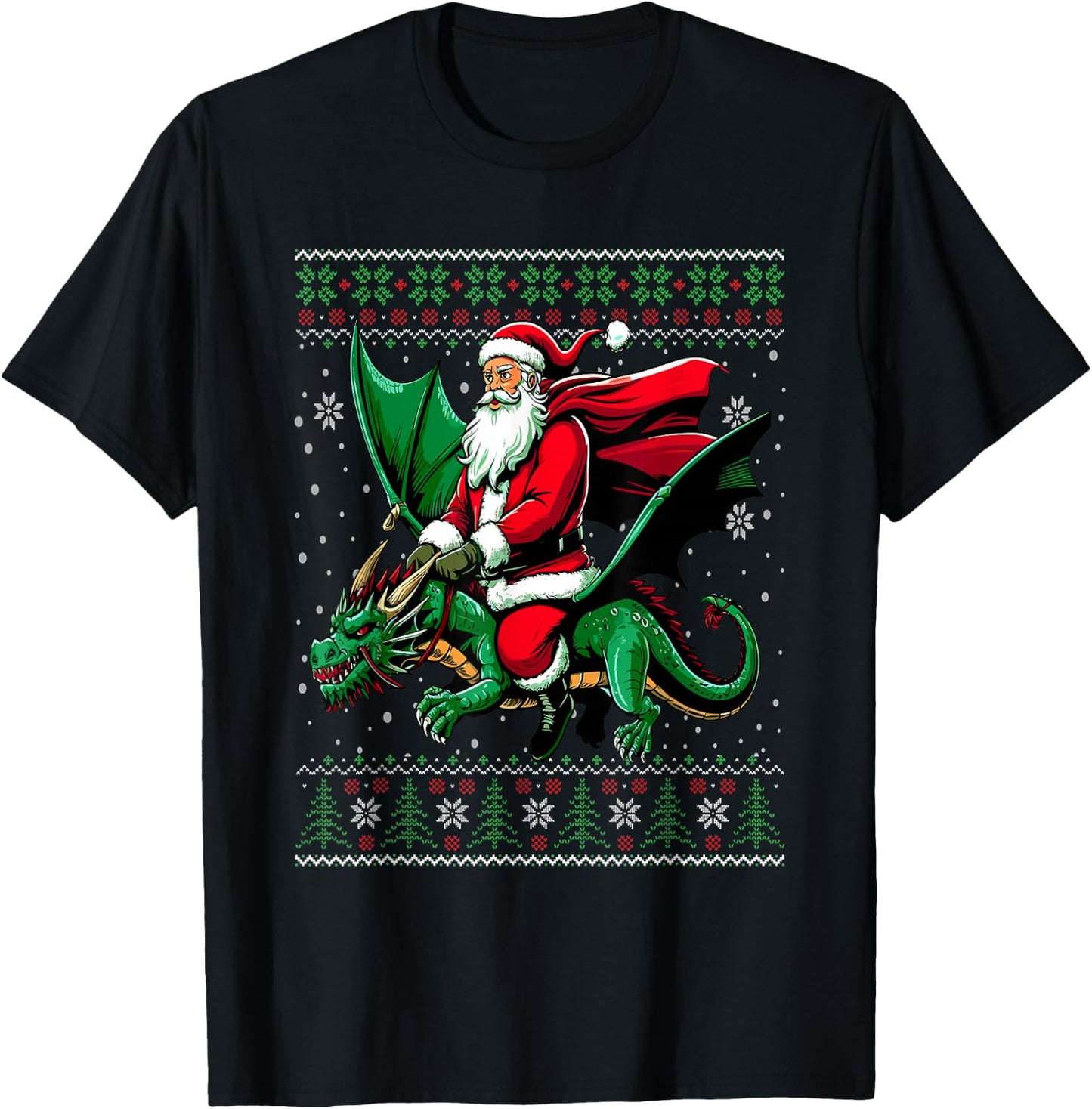 Christmas Santa Riding Dragon Ugly Christmas Sweater T-Shirt - T-Shirt | Black