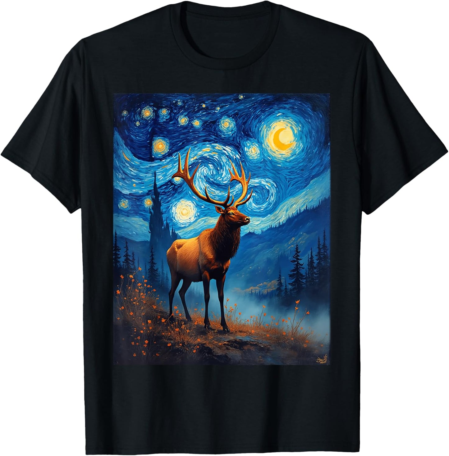 Van Gogh's Starry Night Elk Wapiti Animal Lovers T-Shirt - T-Shirt | Black