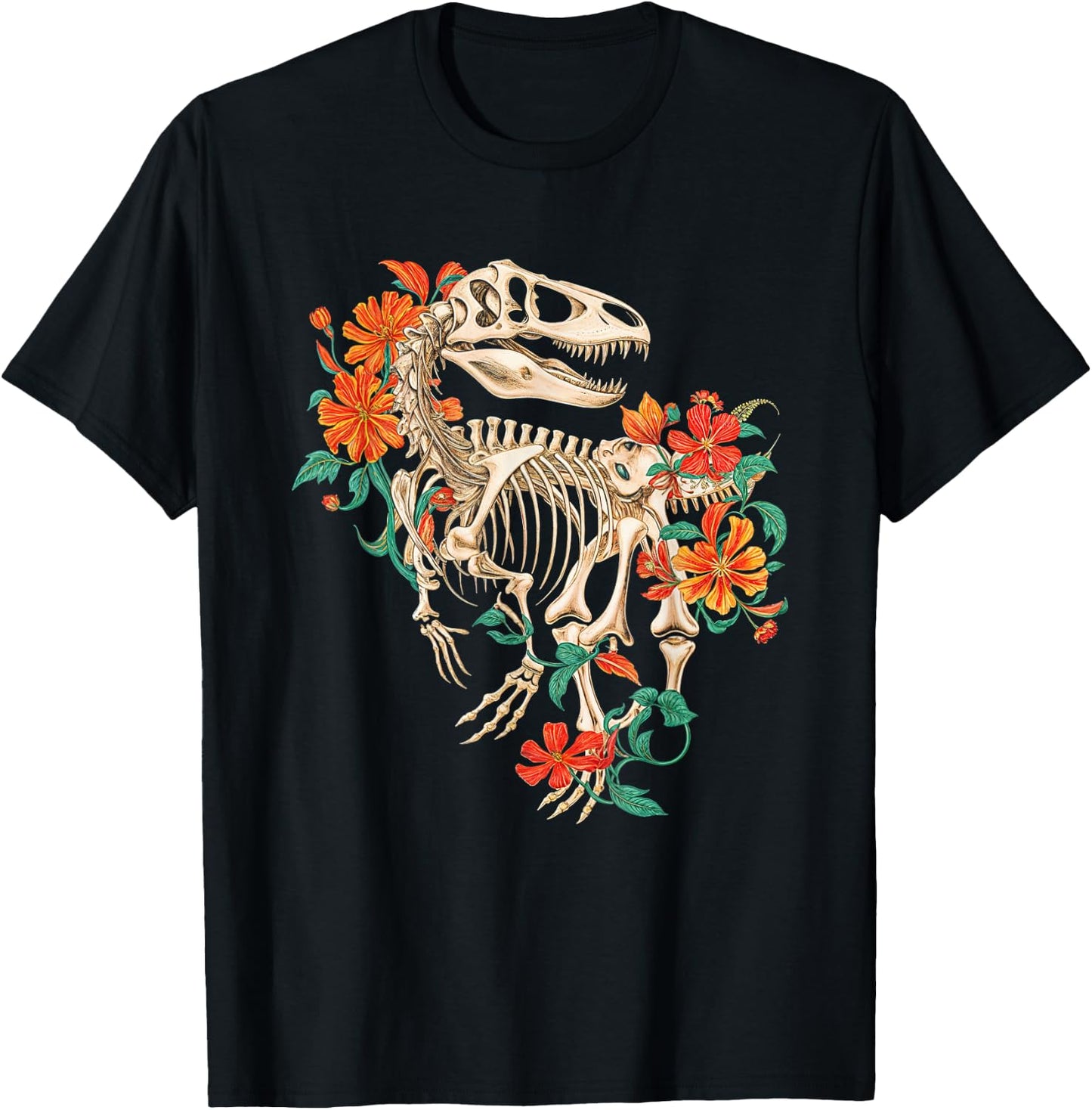 Rex Skeleton Dinosaur Flowers Dino Skeleton Nature T-Shirt - T-Shirt | Black