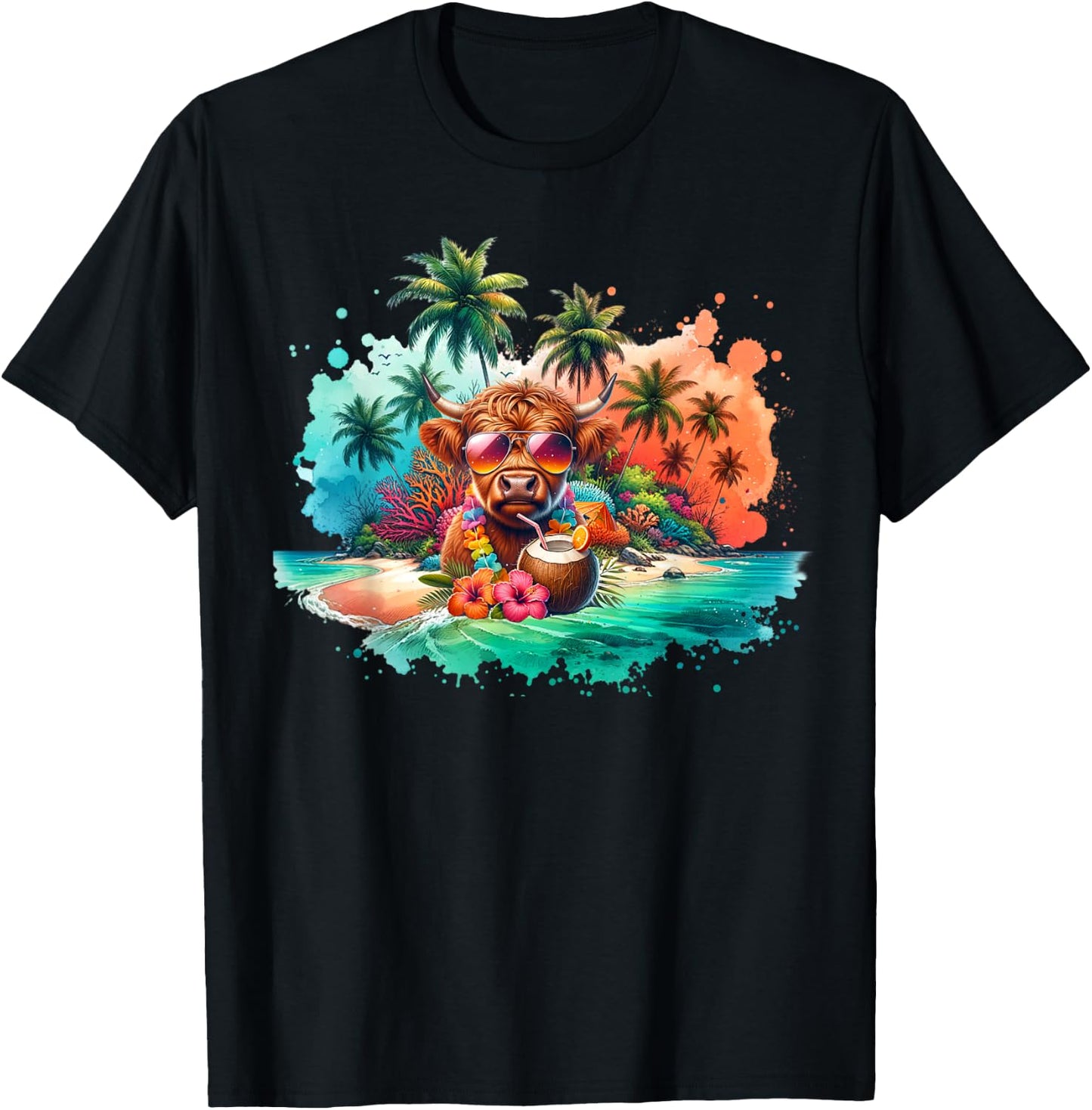 Tropical Highland Cow Summer Vibes Funny Beach T-Shirt - T-Shirt | Black