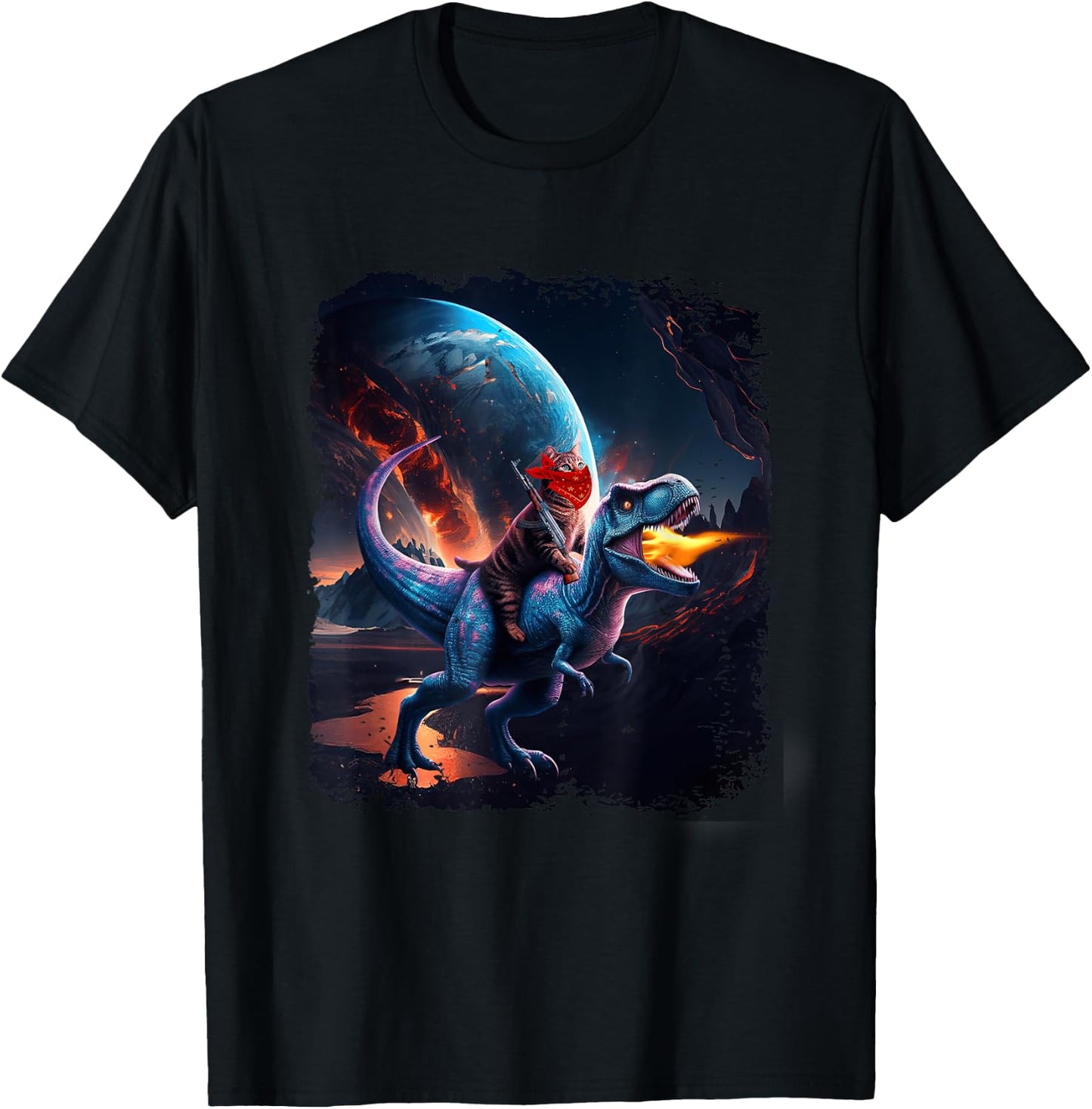 Chat chevauchant un dinosaure T-Rex Image Like Galaxy Cat Sci-Fi T-Shirt - T-Shirt | Black