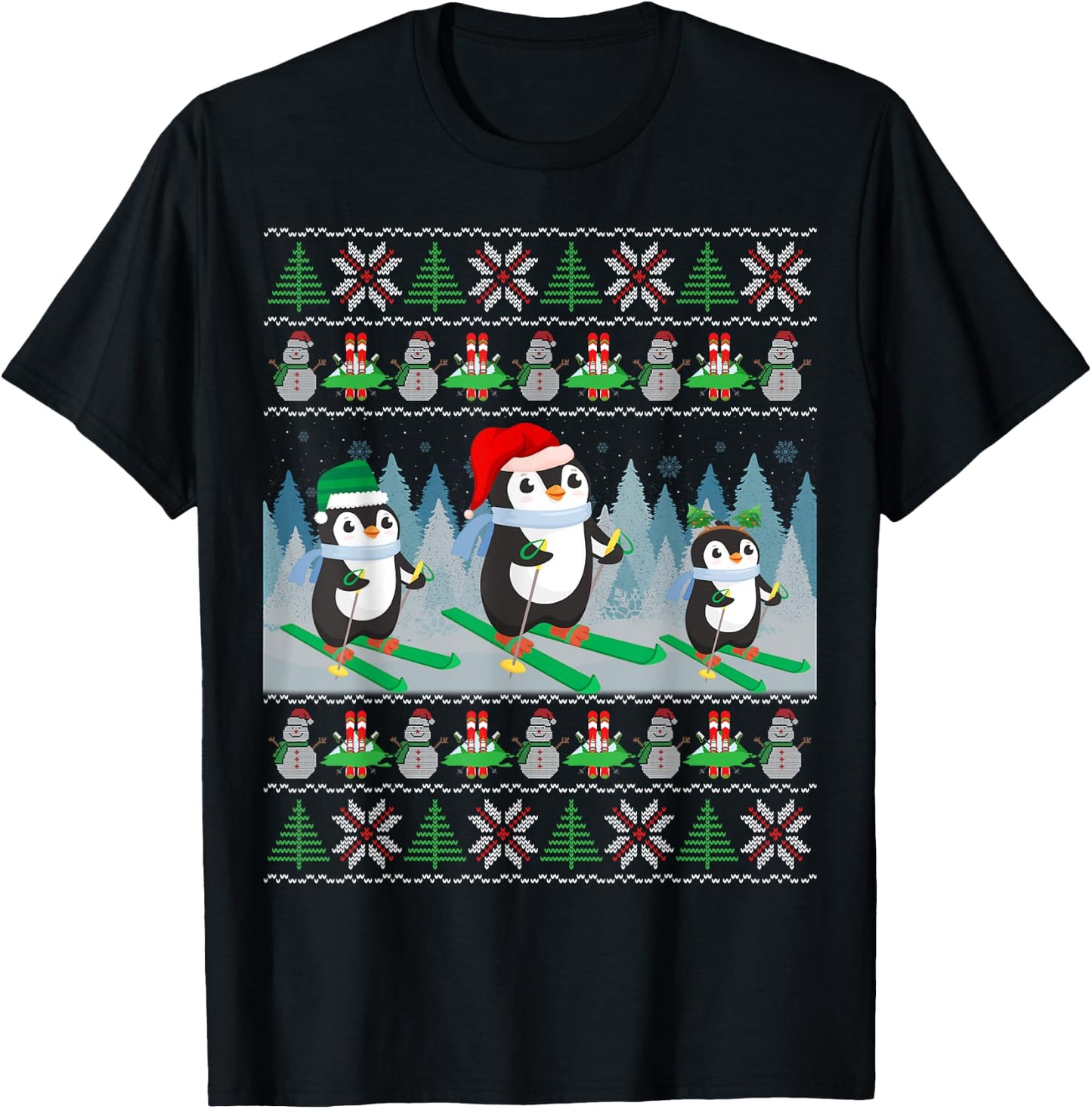 Penguin Skiing Ugly Christmas Sweater Sports Penguin Santa T-Shirt - T-Shirt | Black