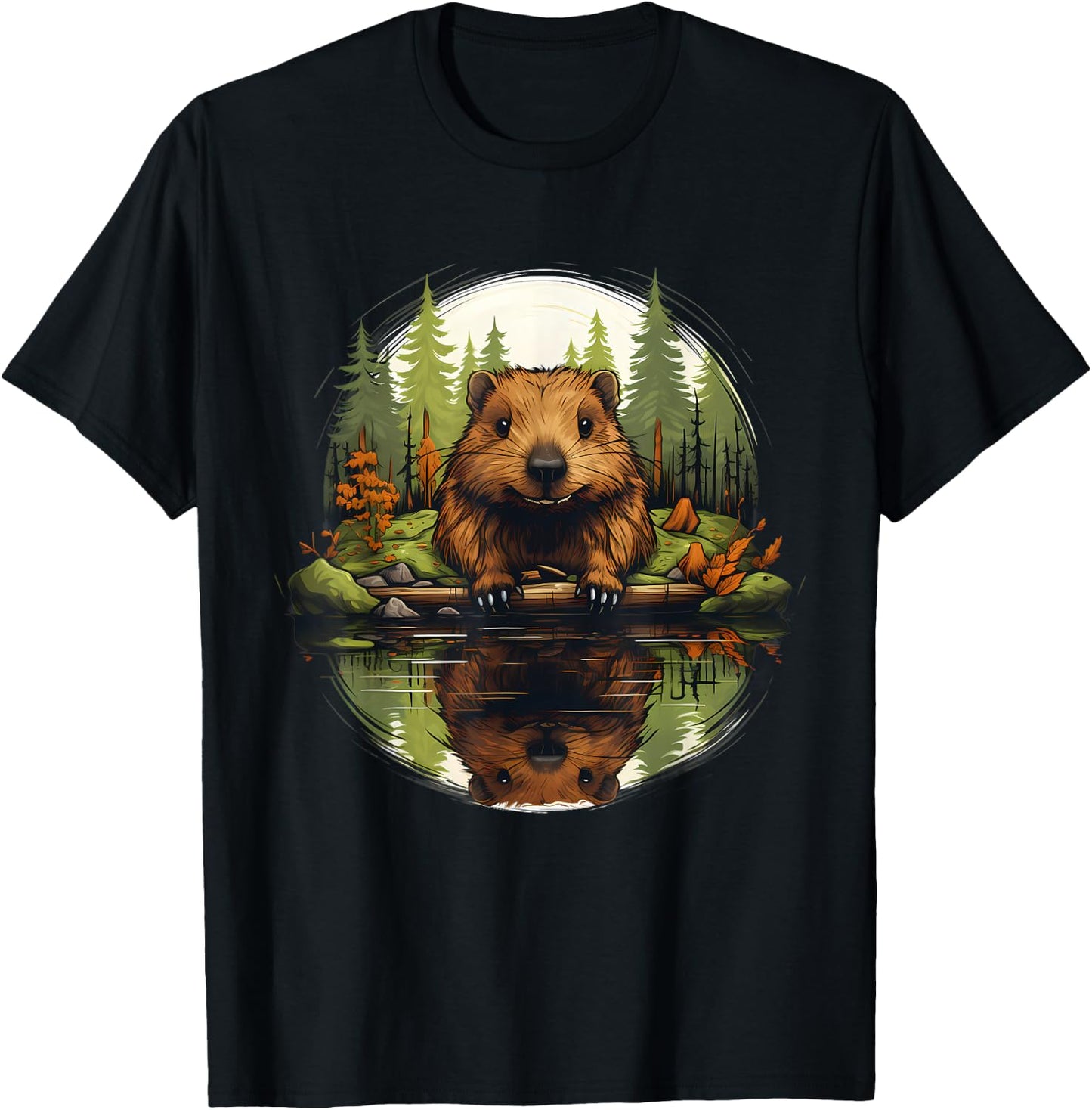Beaver Nature Animal Lover Artwork Forest Motif Wildlife T-Shirt - T-Shirt | Black