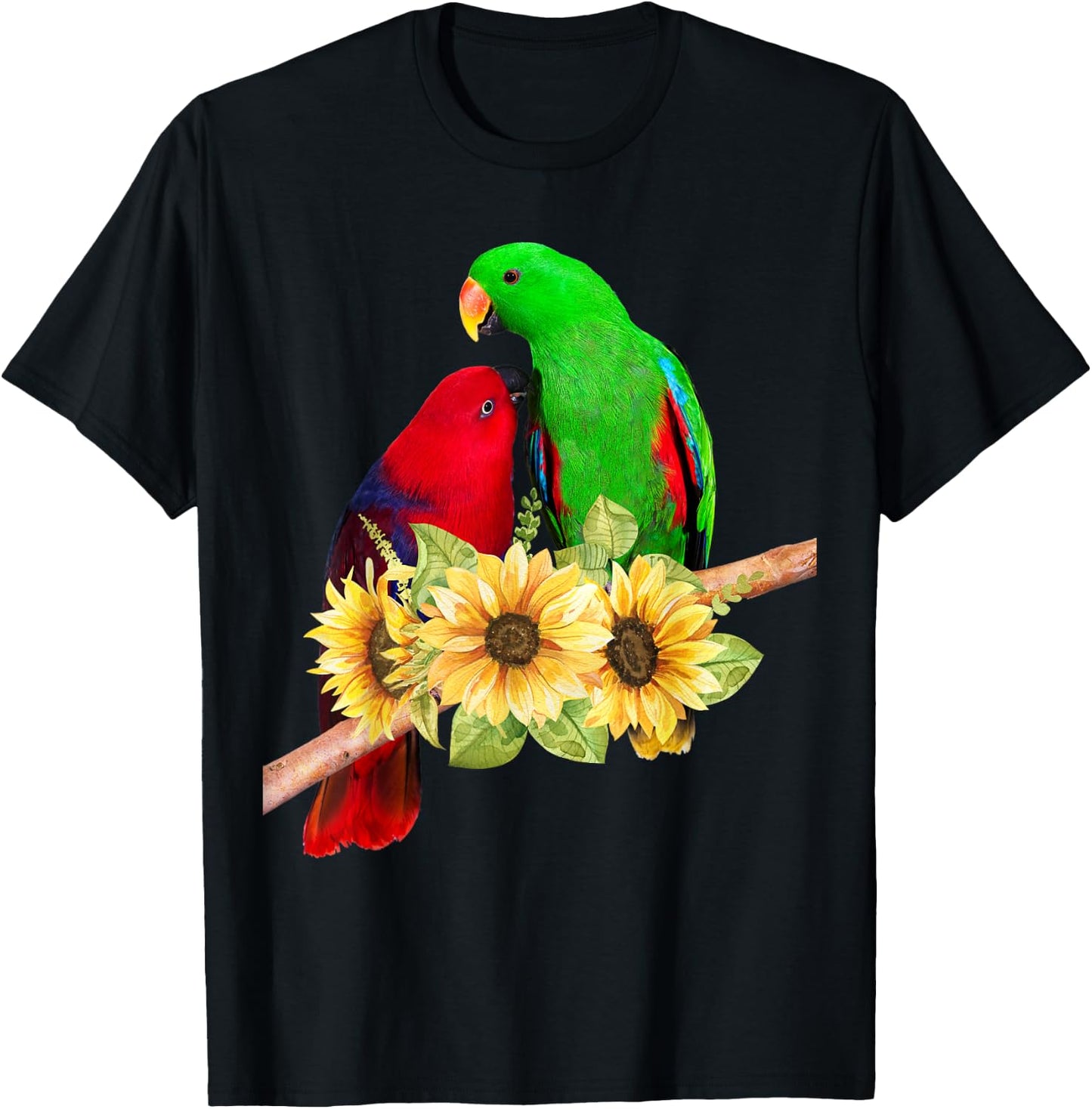 Pair of Eclectus Parrots Male Female behind sunflowers T-Shirt - T-Shirt | Black