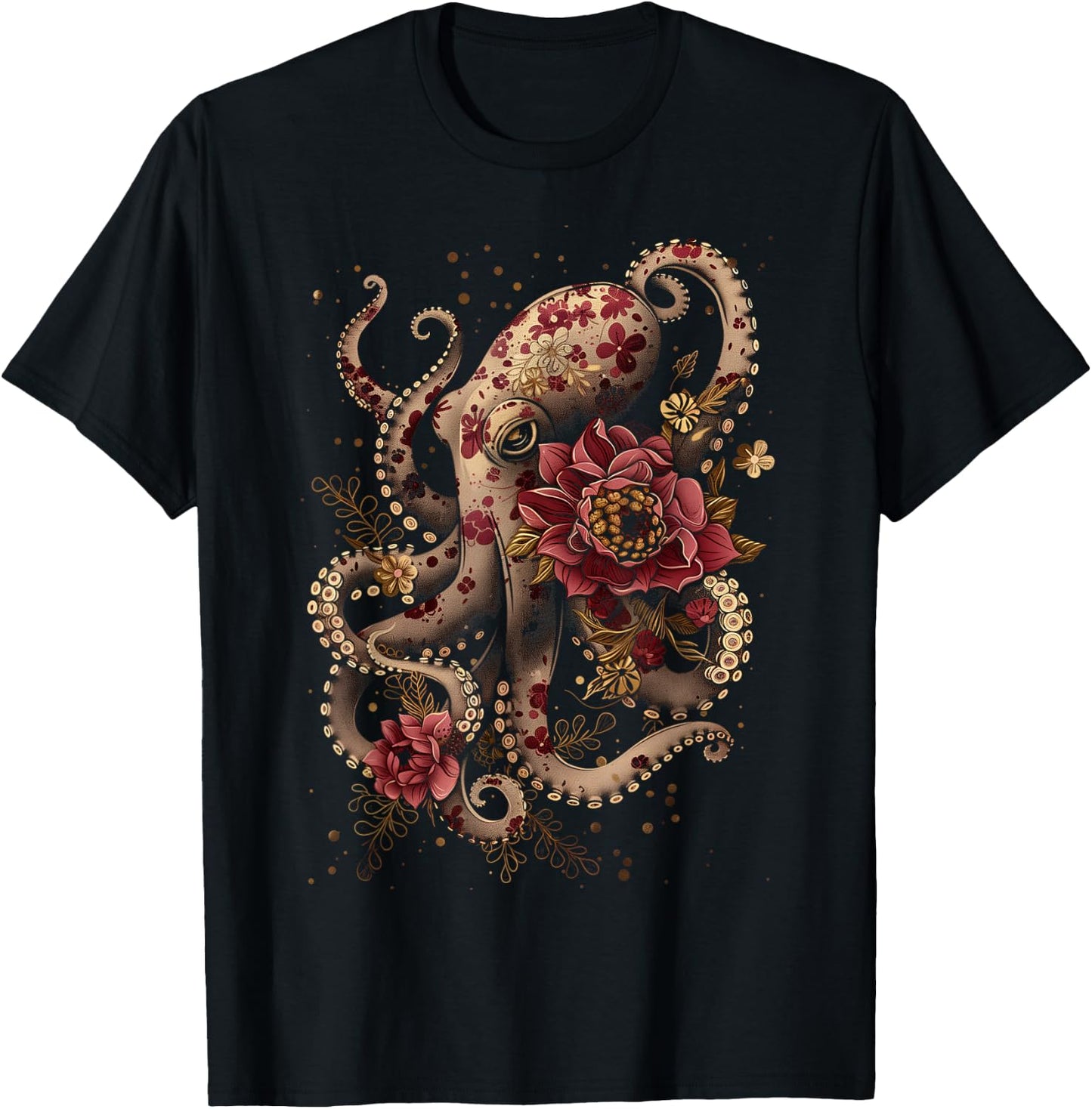Octopus Floral Vintage Flowers Squid Kraken Scuba Diving T-Shirt - T-Shirt | Black