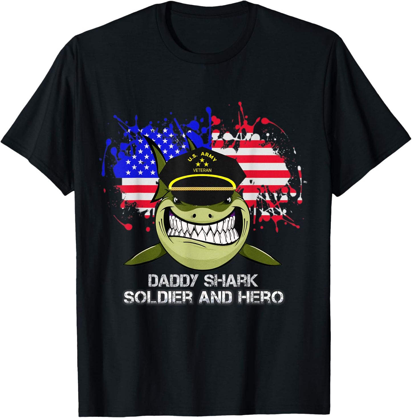Daddy Shark U.S. army veteran For 4th of July T-Shirt - T-Shirt | Black