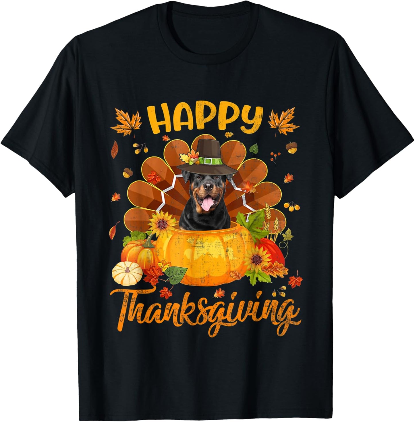 Happy Thanksgiving Rottweiler Dog Turkey Pumpkin T-Shirt - T-Shirt | Black