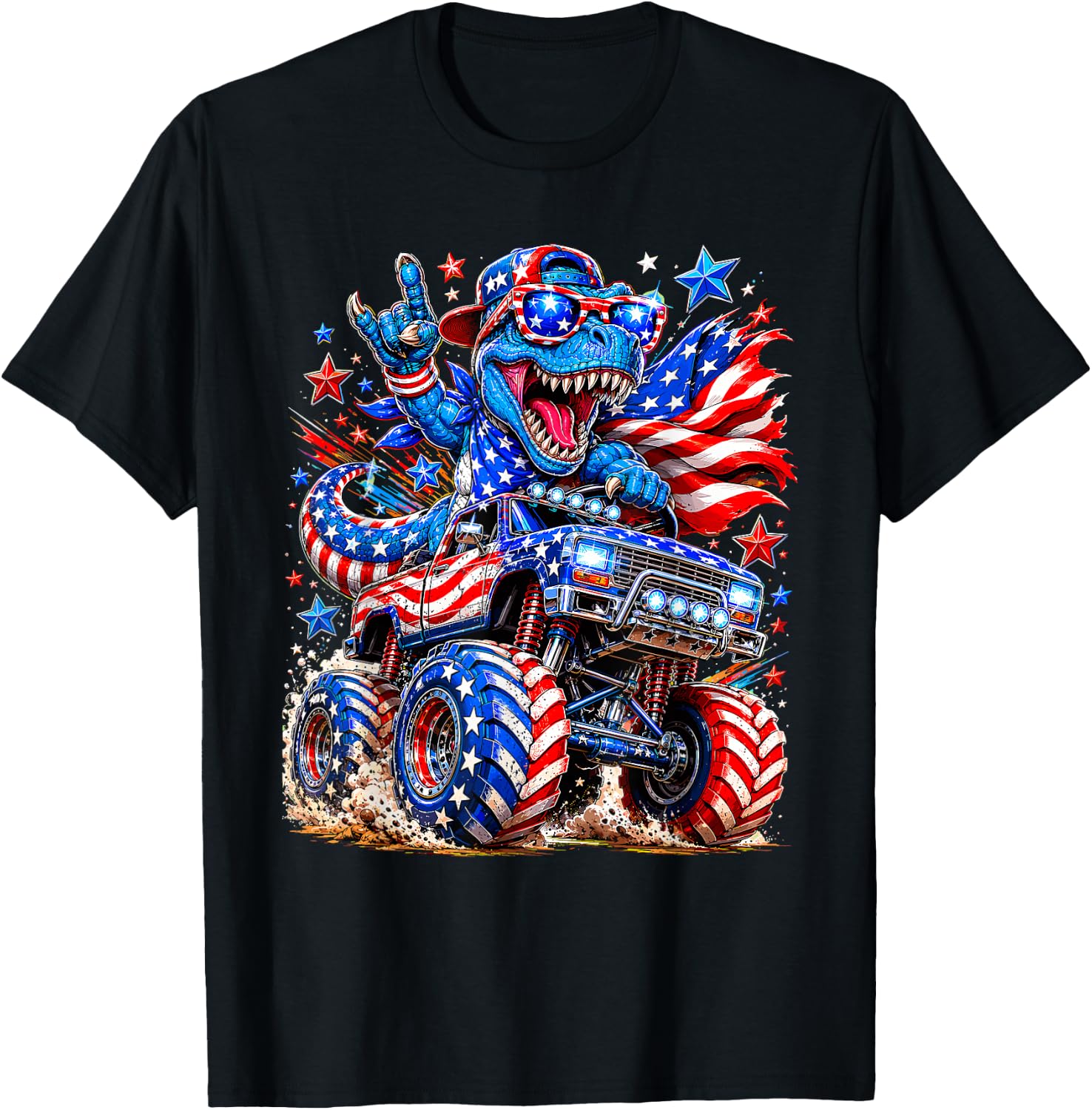 T Rex 4th of July Dinosaur American Flag USA Patriotic T-Shirt - T-Shirt | Black