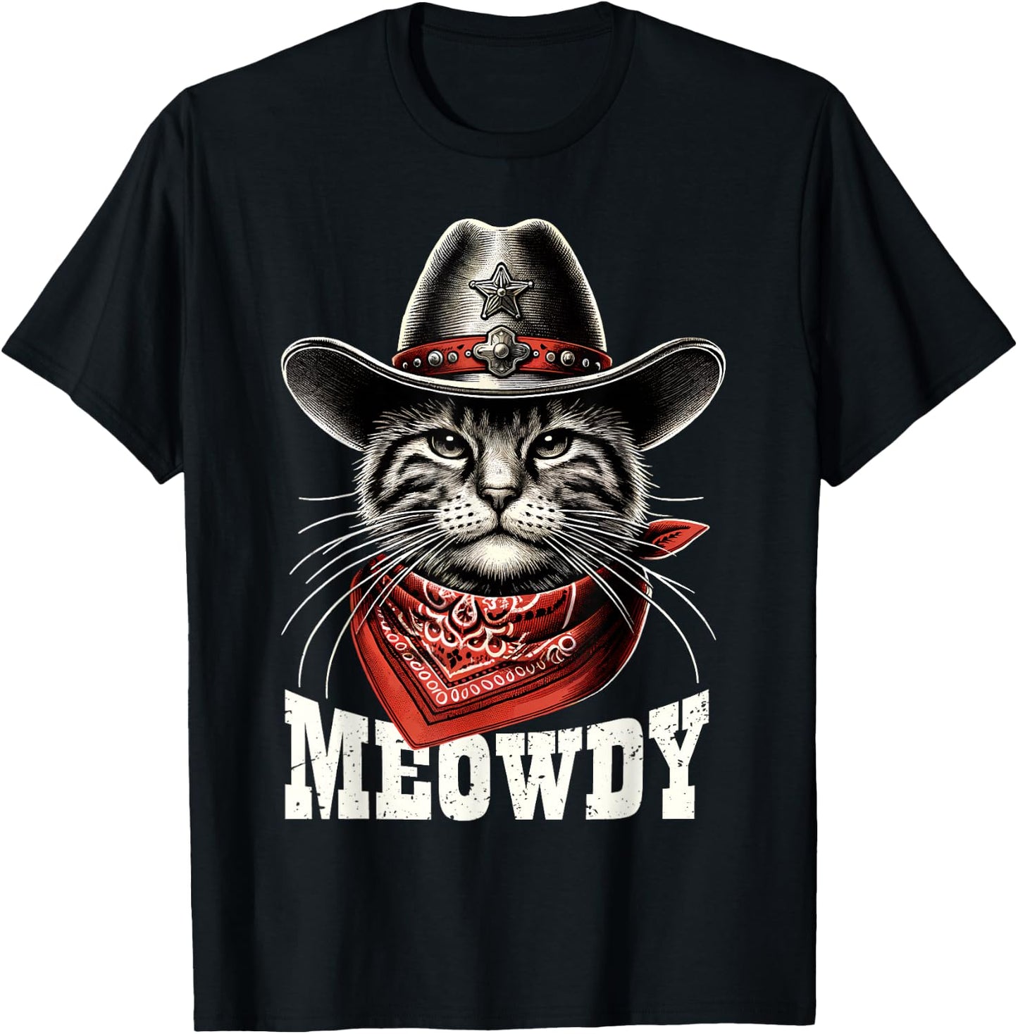 Meowdy Cat Cowboy Hat Howdy Funny Country Western Cat Meme T-Shirt - T-Shirt | Black
