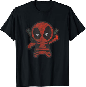 Marvel Kawaii Chibi Deadpool Sassy Portrait Distressed V2 T-Shirt - T-Shirt | Black