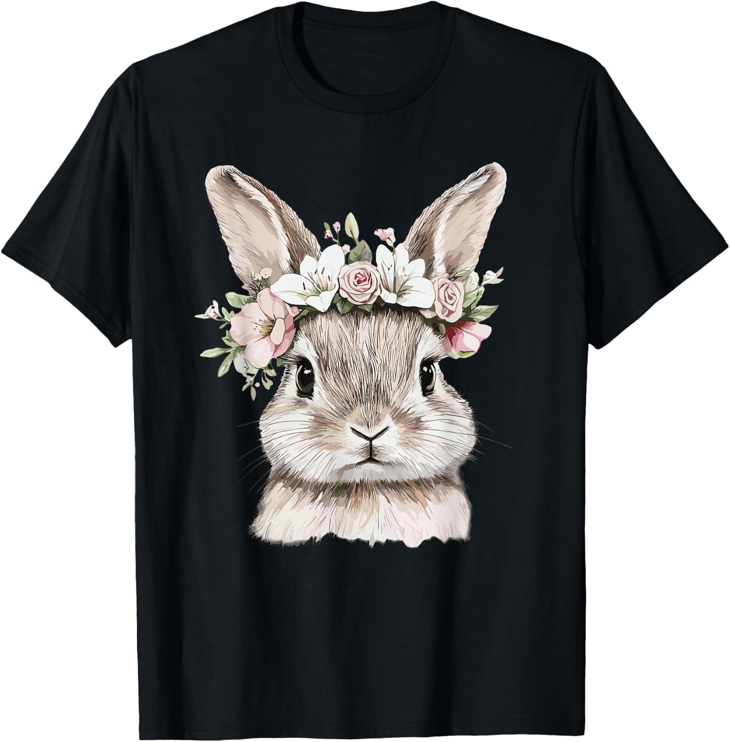 Cute Bunny with Floral Crown Illustration T-Shirt - T-Shirt | Black