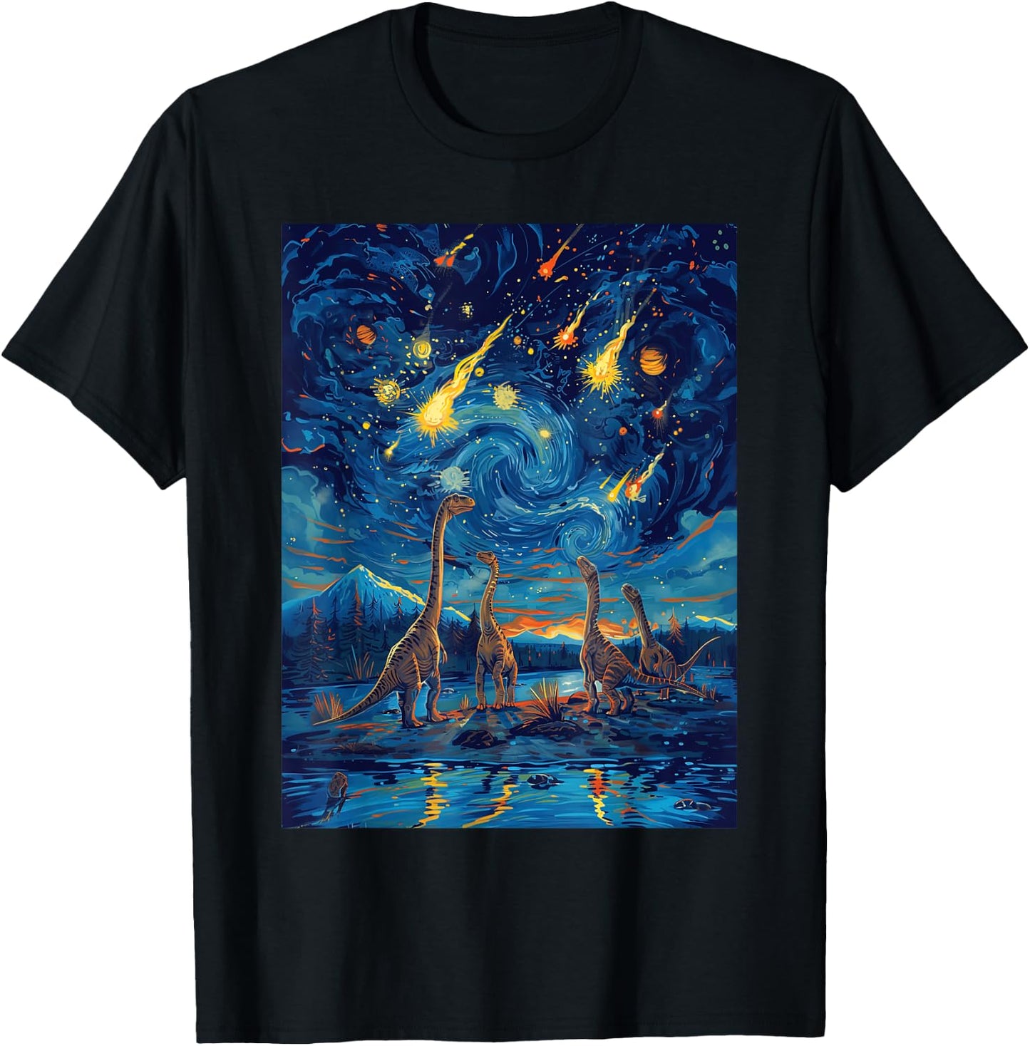 Last Day Of Dinosaur Meteor Shower Starry Night Funny Dino T-Shirt - T-Shirt | Black