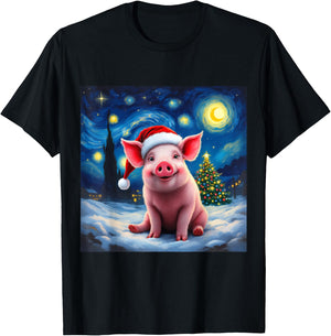 Pig Santa Hat Christmas Van Gogh Starry Night Holiday T-Shirt - T-Shirt | Black