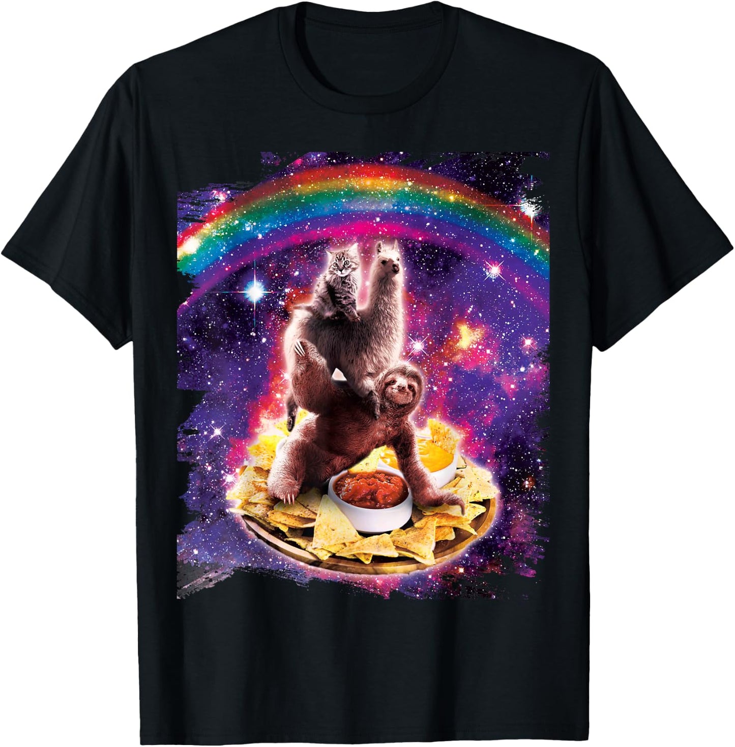 Space Cat Lama Sloth Riding Nachos T-Shirt - T-Shirt | Black