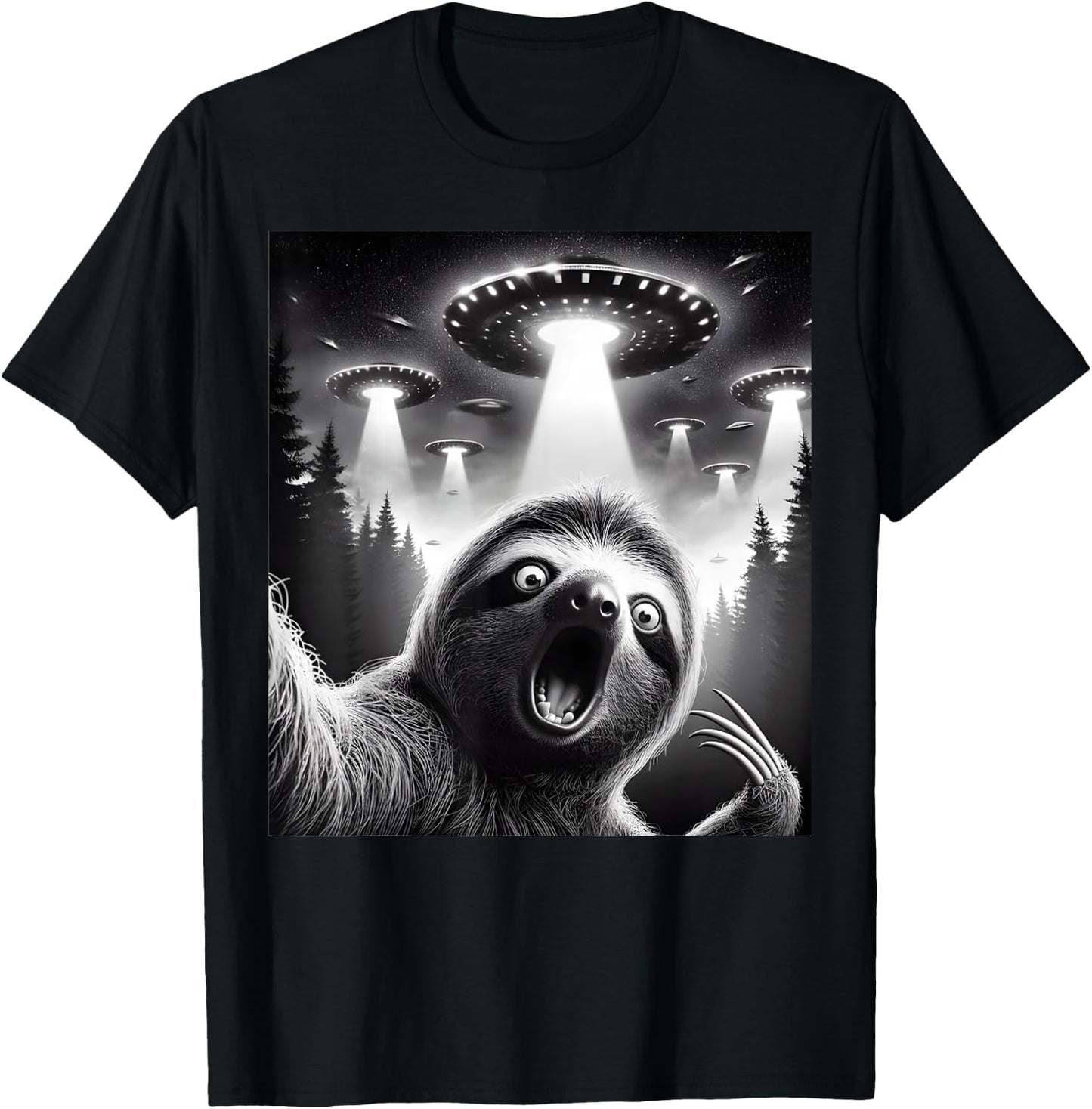 Sloth Selfie With UFO Alien Funny Sloth Lover T-Shirt - T-Shirt | Black