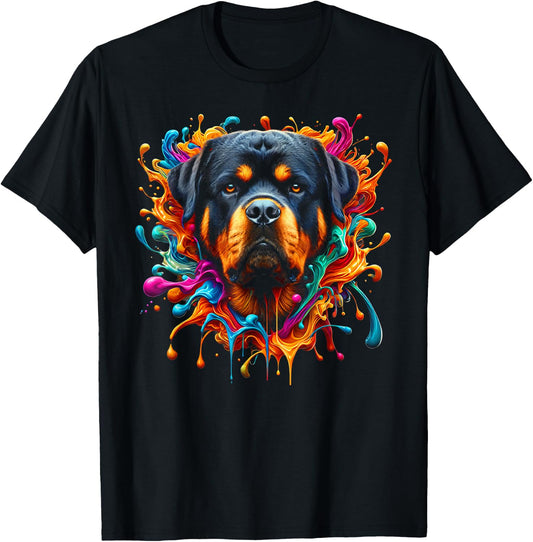 Cute Rottweiler in Colourful Paint Splashes T-Shirt - T-Shirt | Black