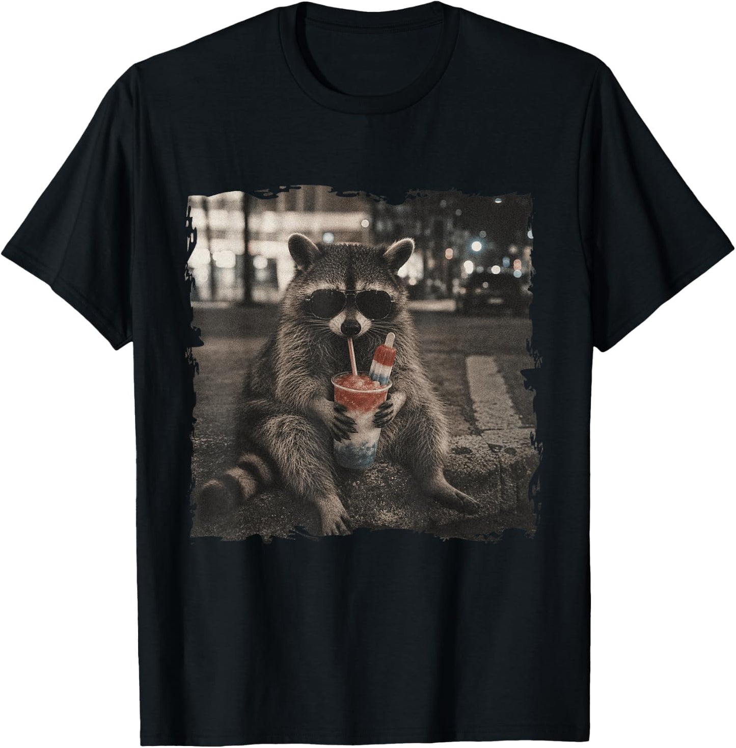 Patriotic Raccoon Drinking Iced Slushie 4th of July America T-Shirt - T-Shirt | Black
